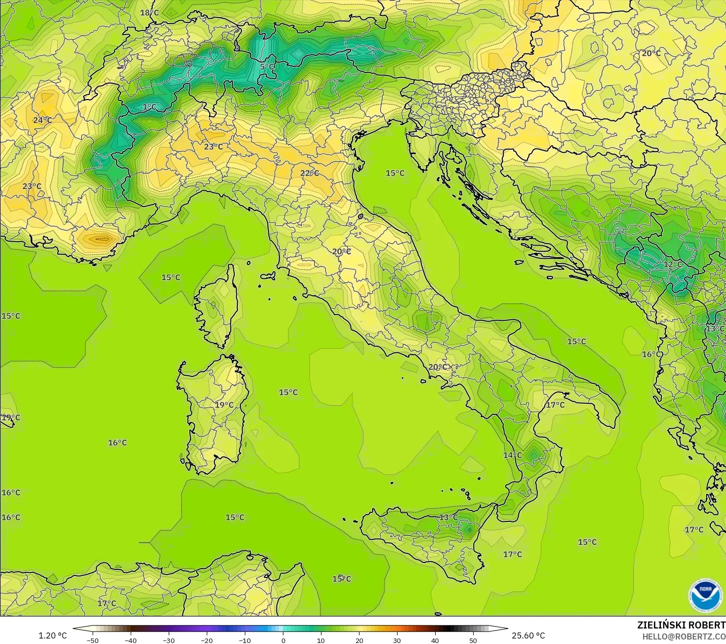 GFS modelo - Italia, Temperatura a 2 m