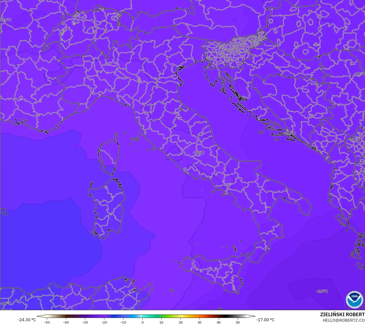 GFS modelo - Italia, Temperatura a 500 hPa