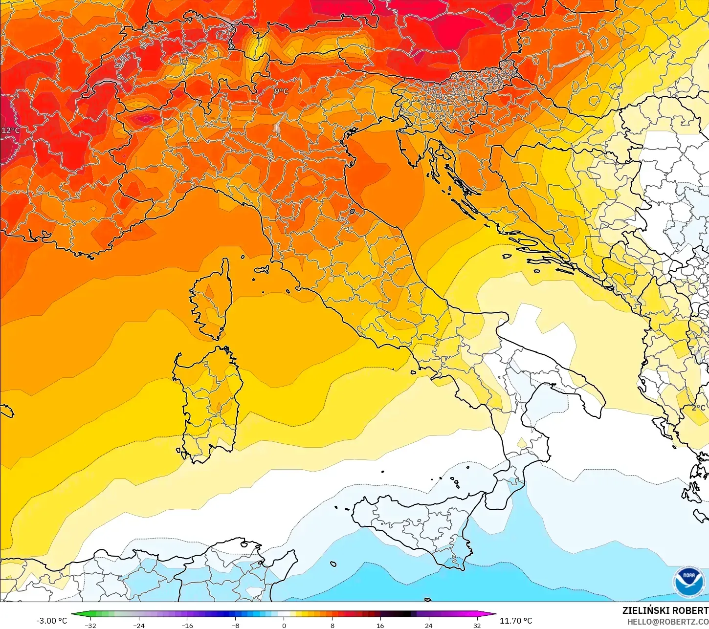 GFS modelo - Italia, Anomalía de temperatura a 850 hPa
