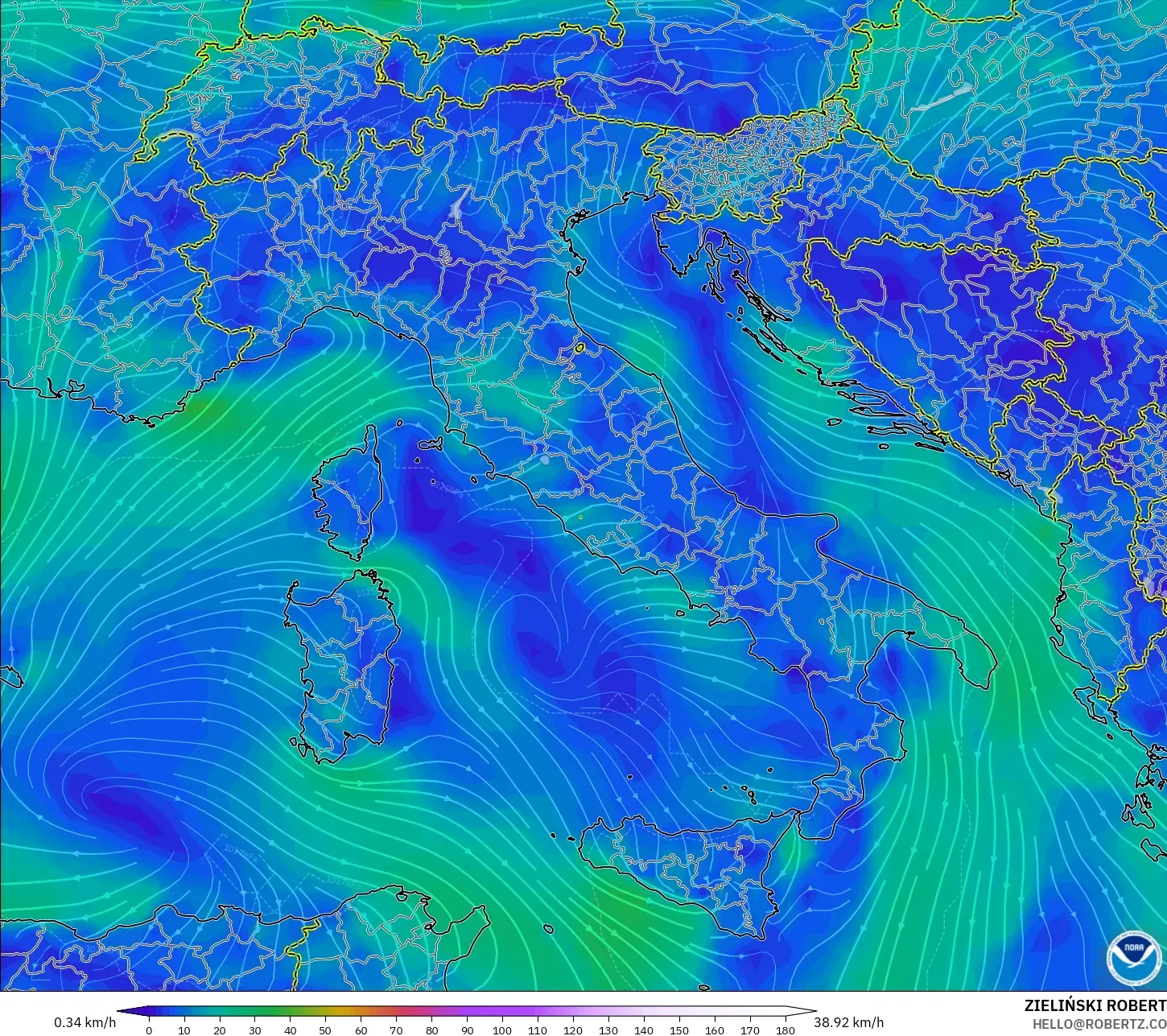 GFS modelo - Italia, Viento a 10 m