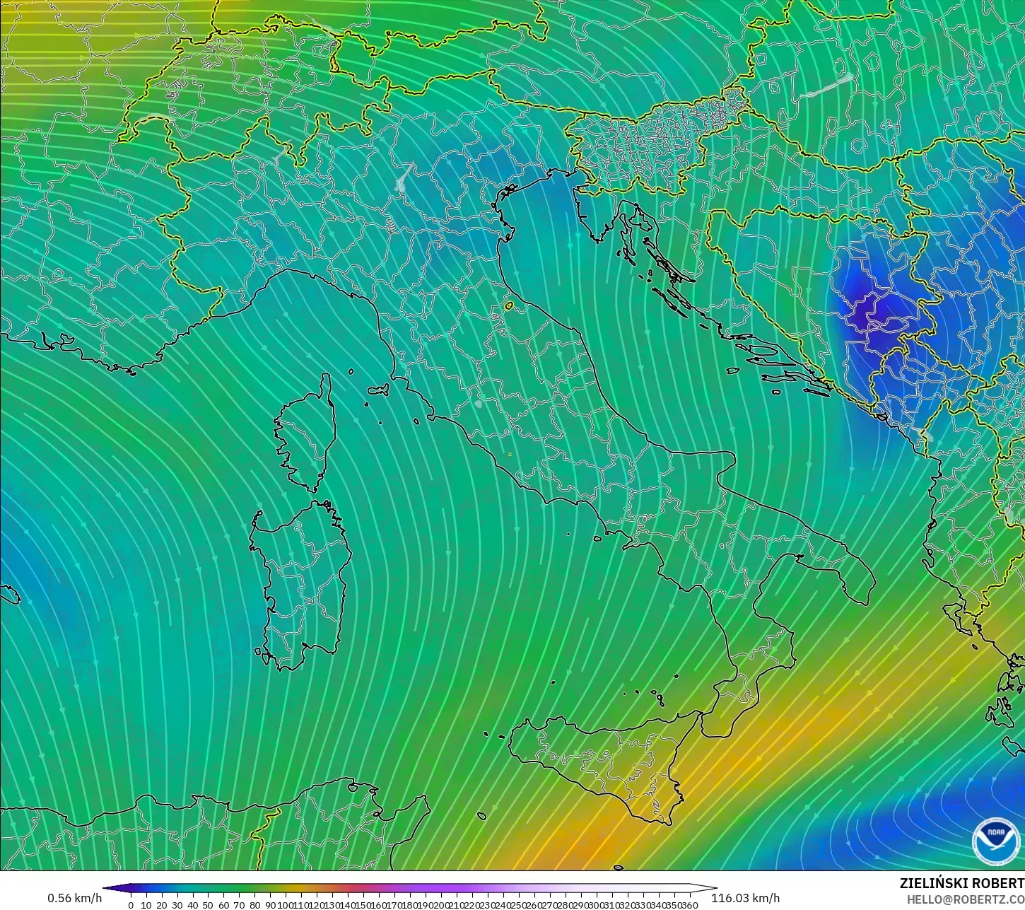 GFS modelo - Italia, Viento a 300 hPa (corriente en chorro)