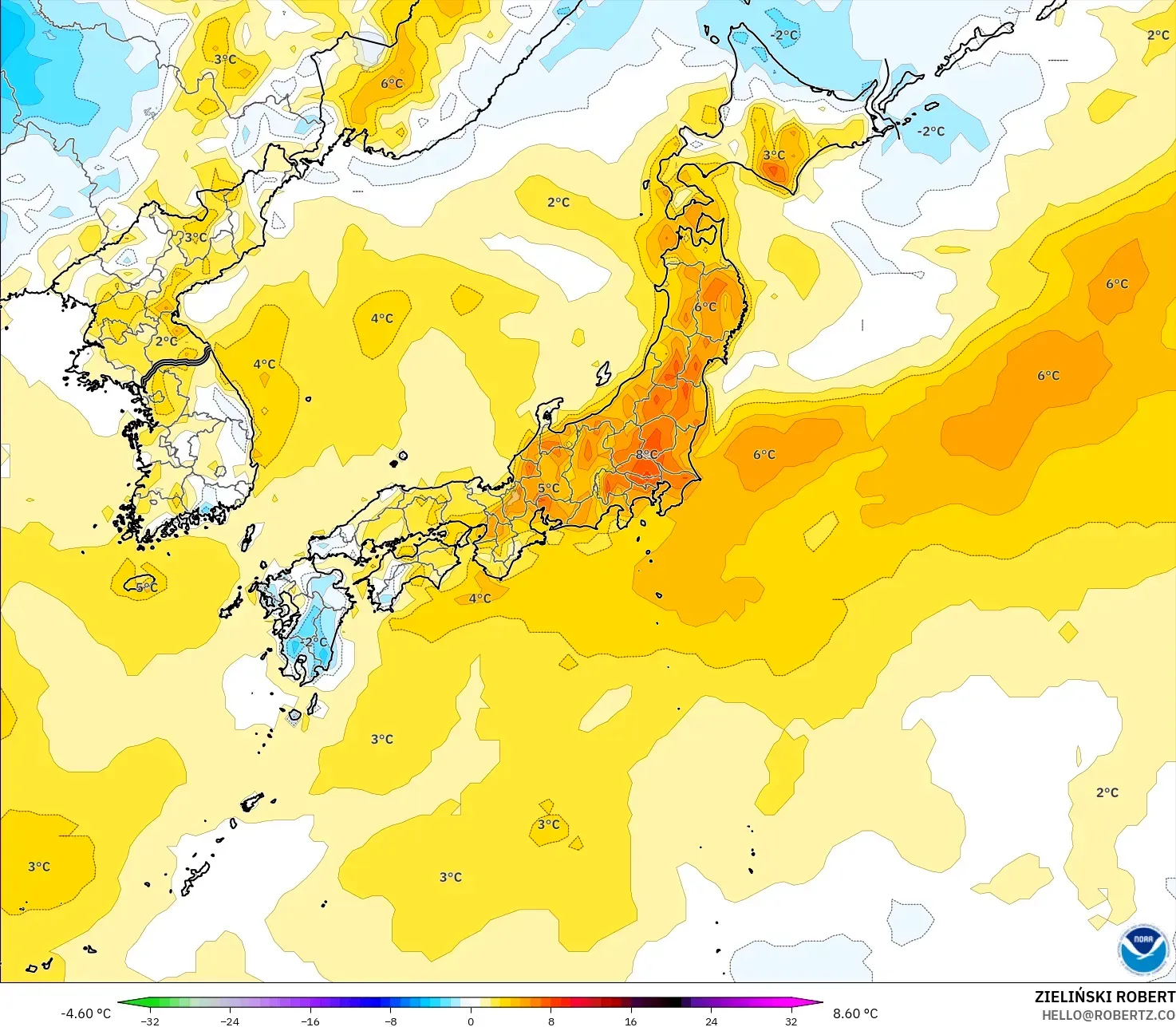 GFS modelo - Japón, Anomalía de temperatura a 2 m
