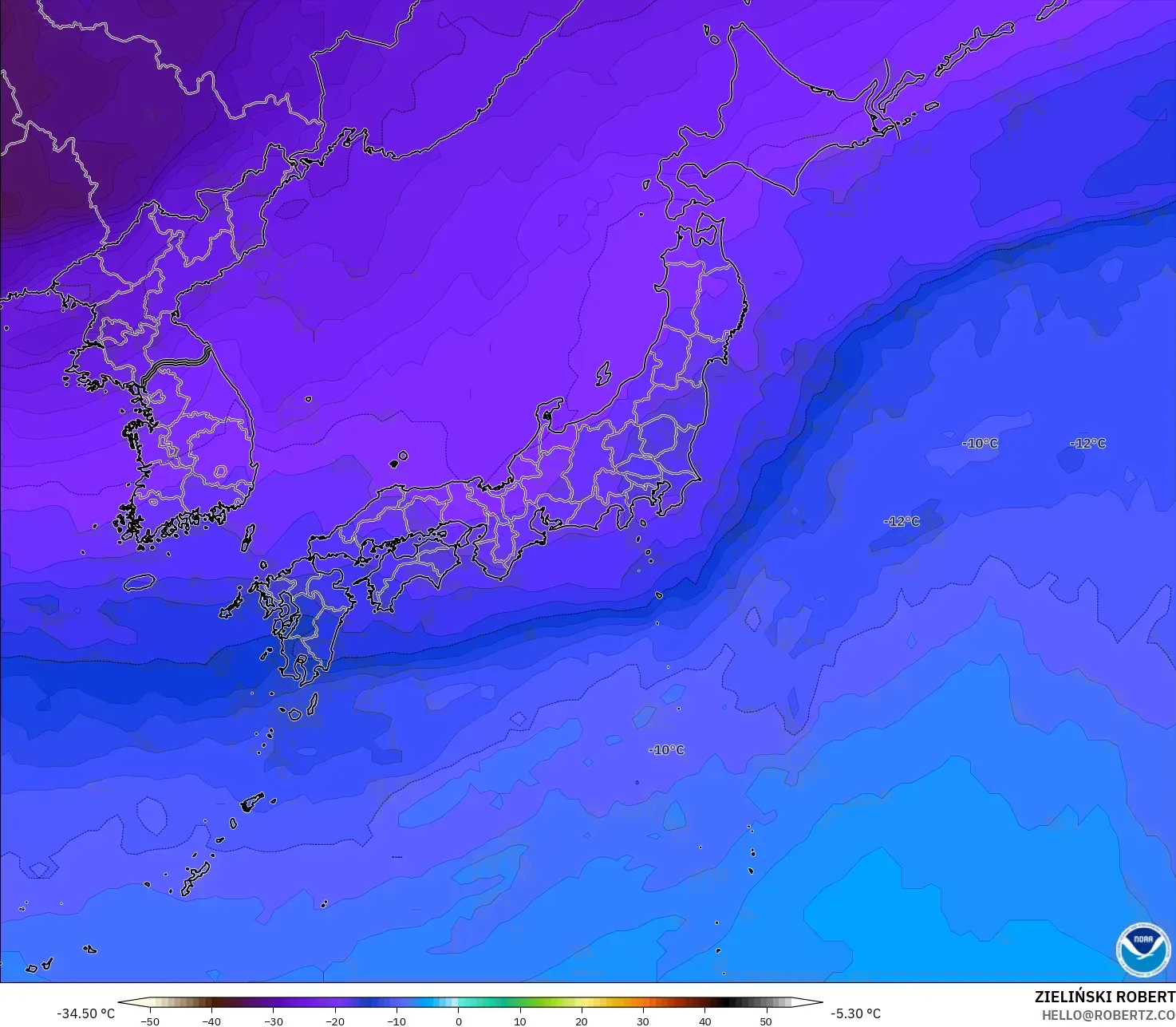GFS modelo - Japón, Temperatura a 500 hPa