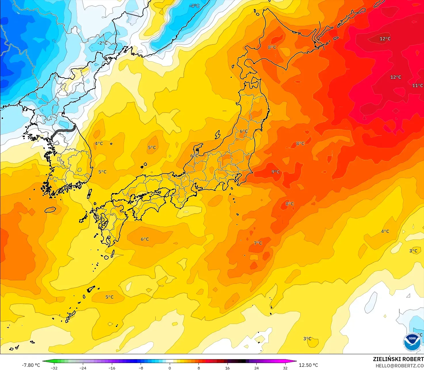 GFS modelo - Japón, Anomalía de temperatura a 850 hPa