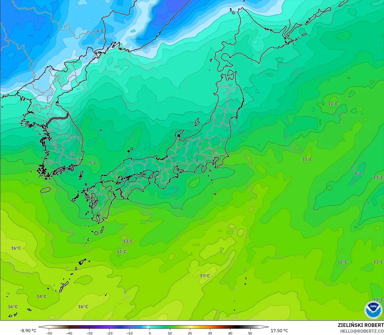 GFS modelo - Japón, Temperatura a 850 hPa