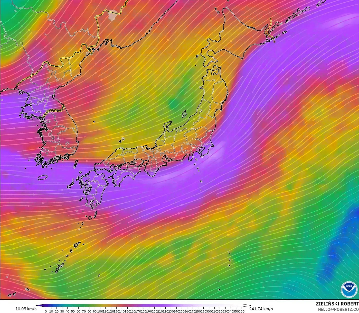 GFS modelo - Japón, Viento a 300 hPa (corriente en chorro)
