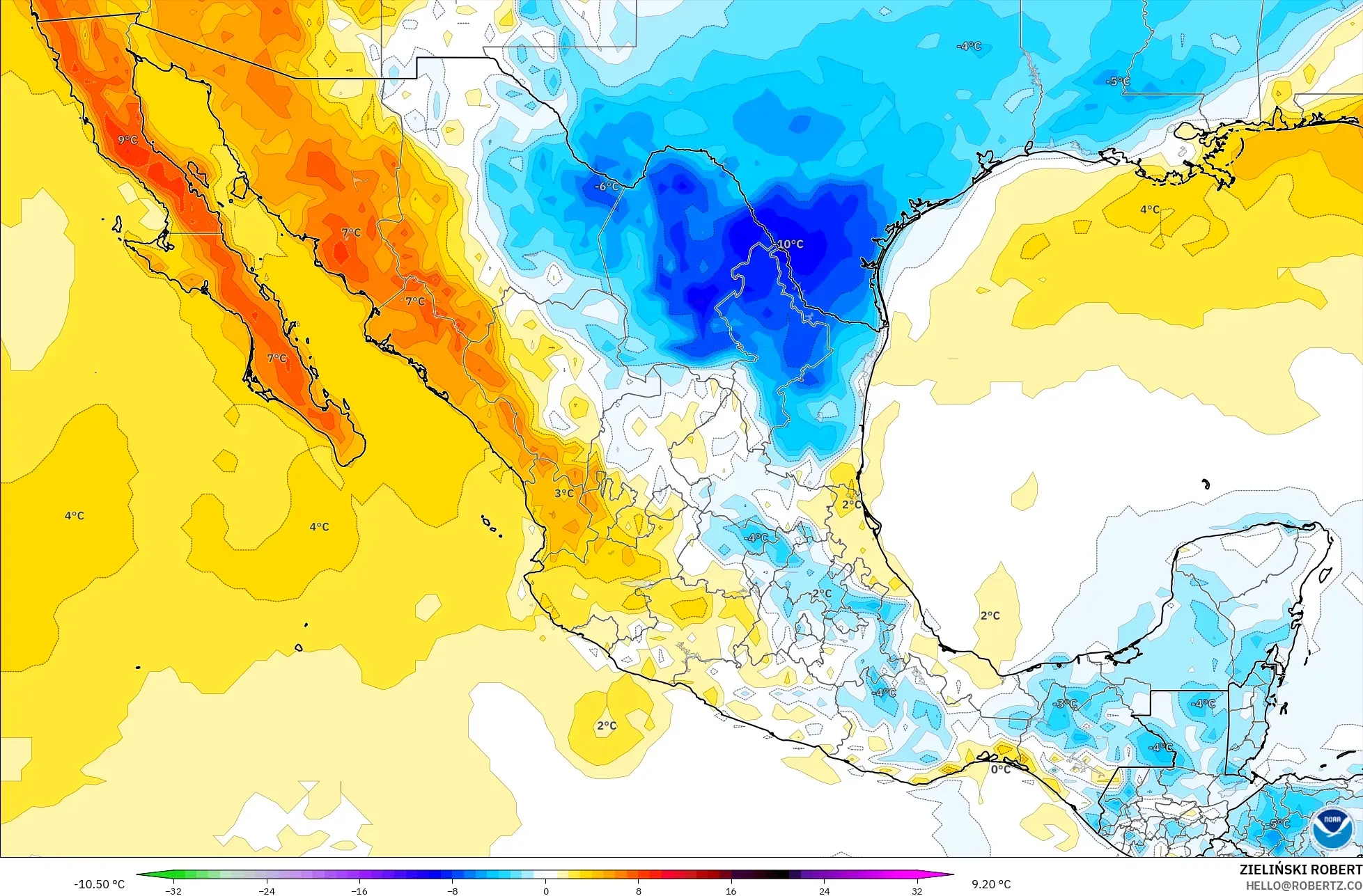 GFS modelo - México, Anomalía de temperatura a 2 m