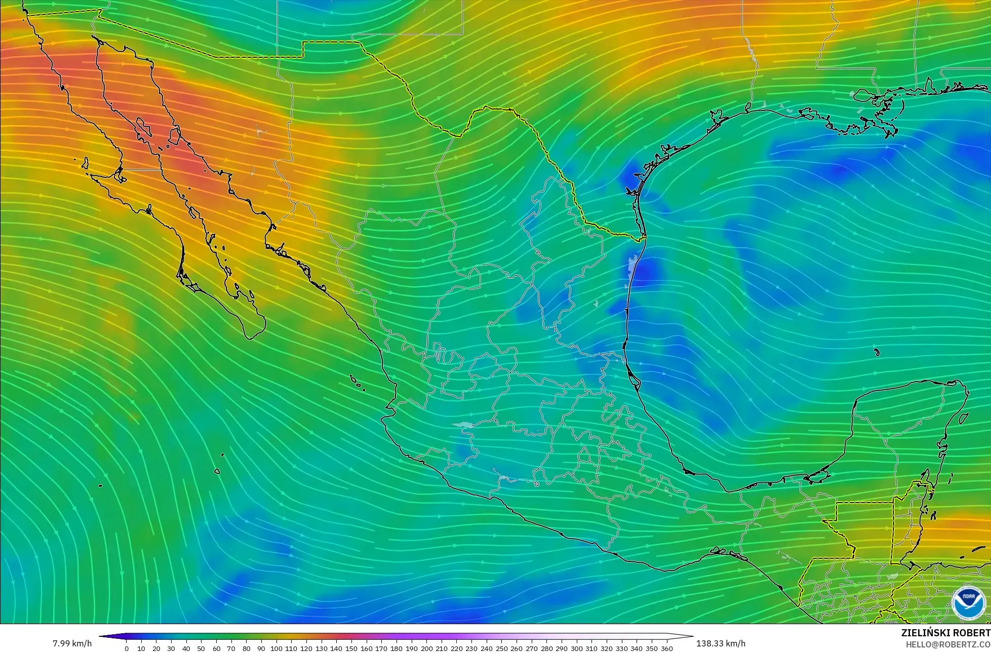 GFS modelo - México, Viento a 300 hPa (corriente en chorro)