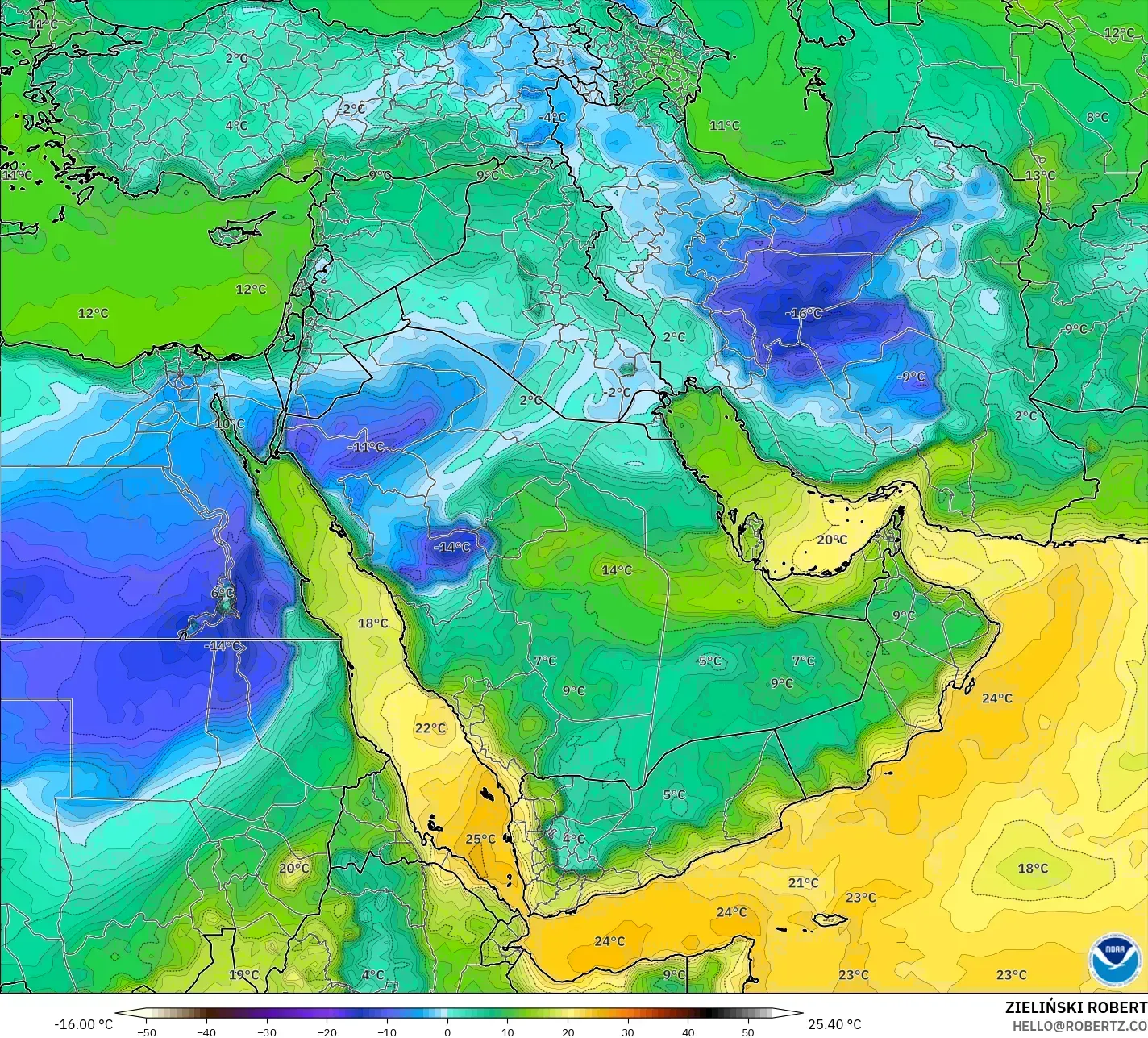 GFS modelo - Oriente Medio, Punto de rocío a 2 m