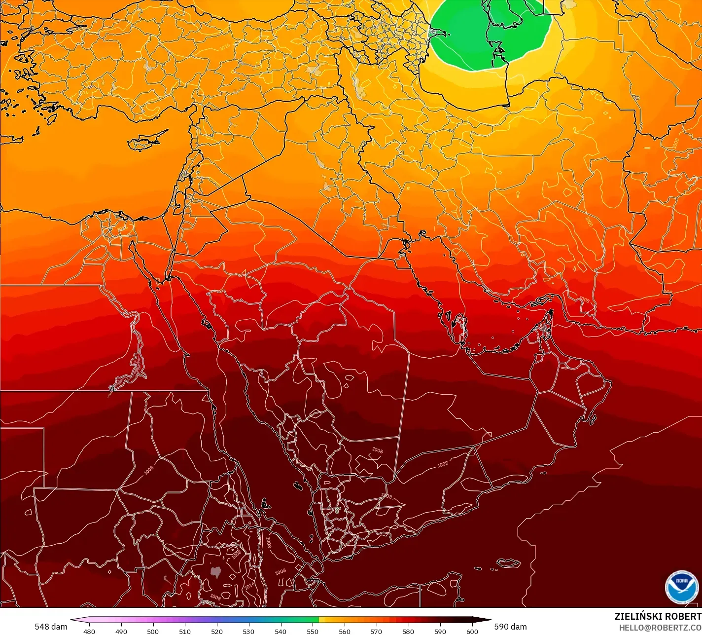 GFS modelo - Oriente Medio, Altura geopotencial a 500 hPa