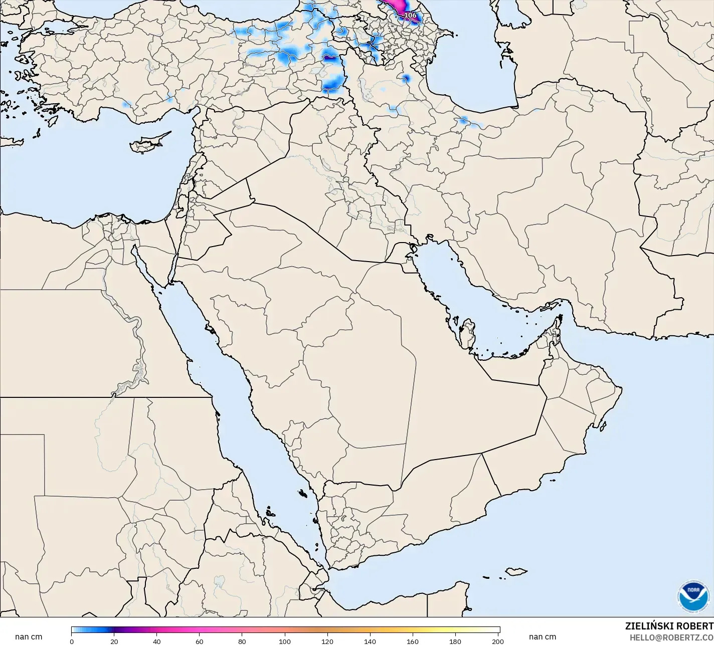 GFS modelo - Oriente Medio, Profundidad de nieve