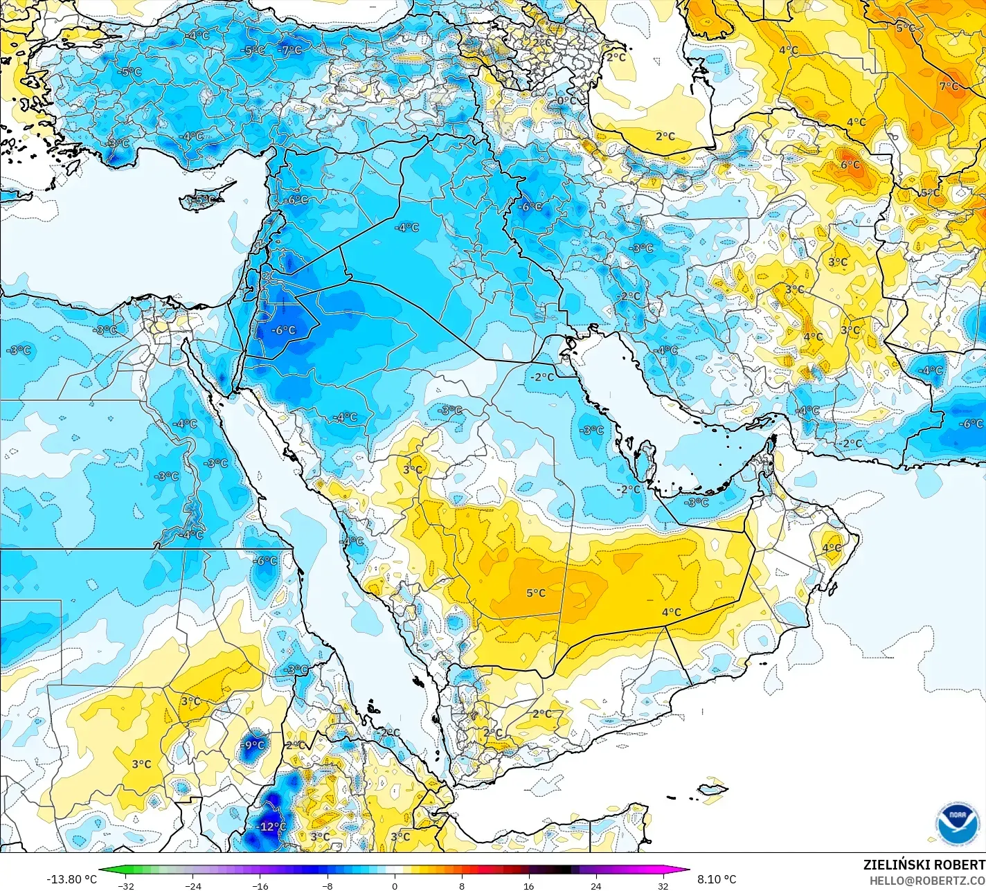 GFS modelo - Oriente Medio, Anomalía de temperatura a 2 m