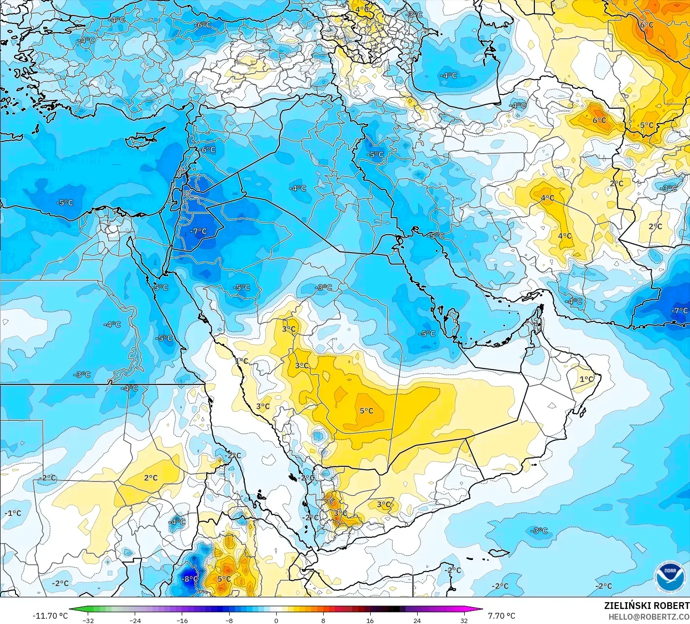 GFS modelo - Oriente Medio, Anomalía de temperatura a 850 hPa