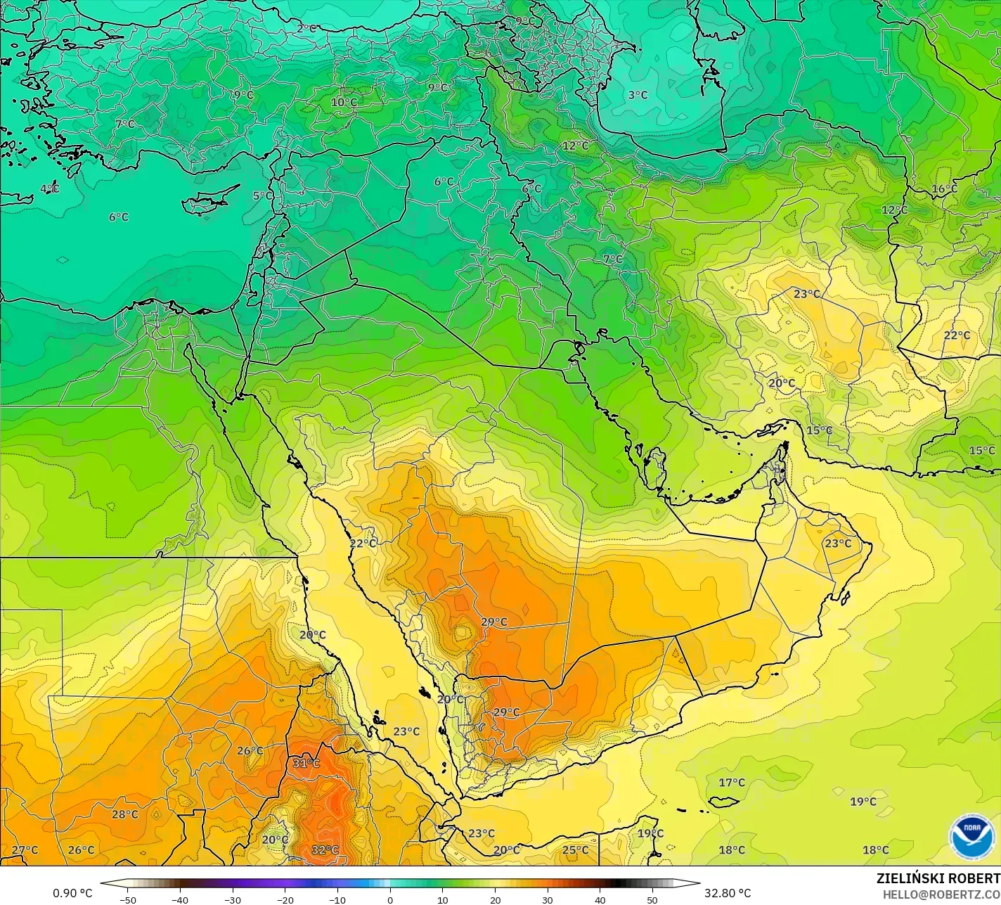 GFS modelo - Oriente Medio, Temperatura a 850 hPa