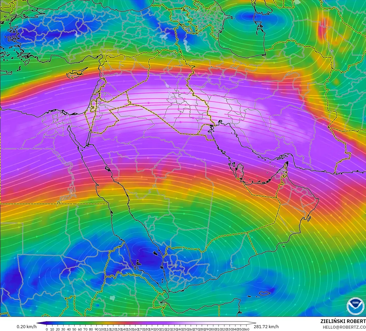 GFS modelo - Oriente Medio, Viento a 300 hPa (corriente en chorro)