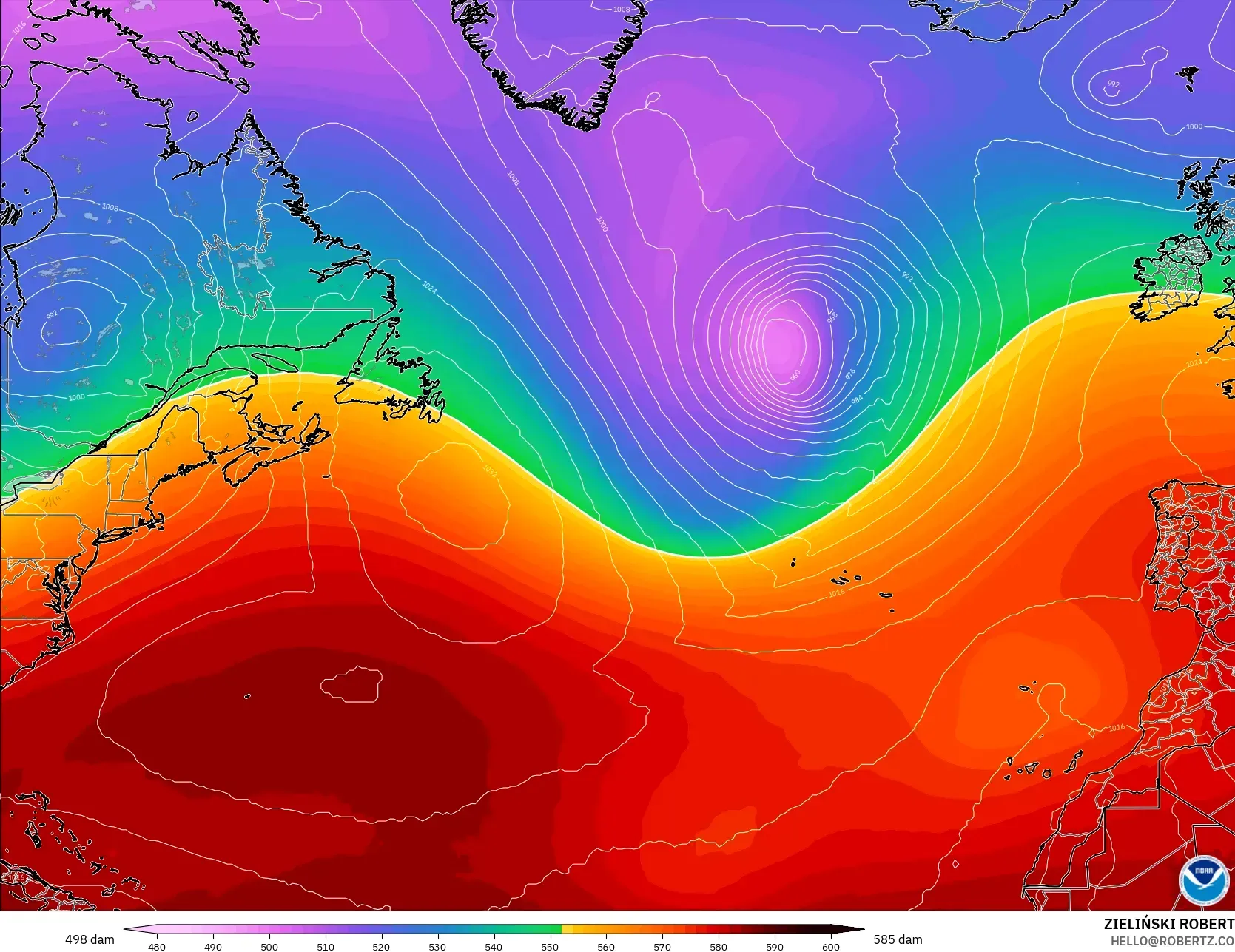 GFS modelo - Norte Atlántico, Altura geopotencial a 500 hPa