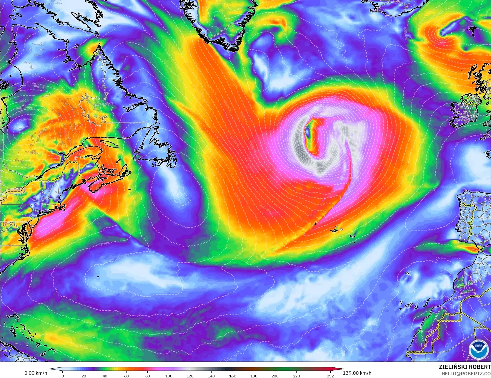 GFS modelo - Norte Atlántico, Ráfagas de viento