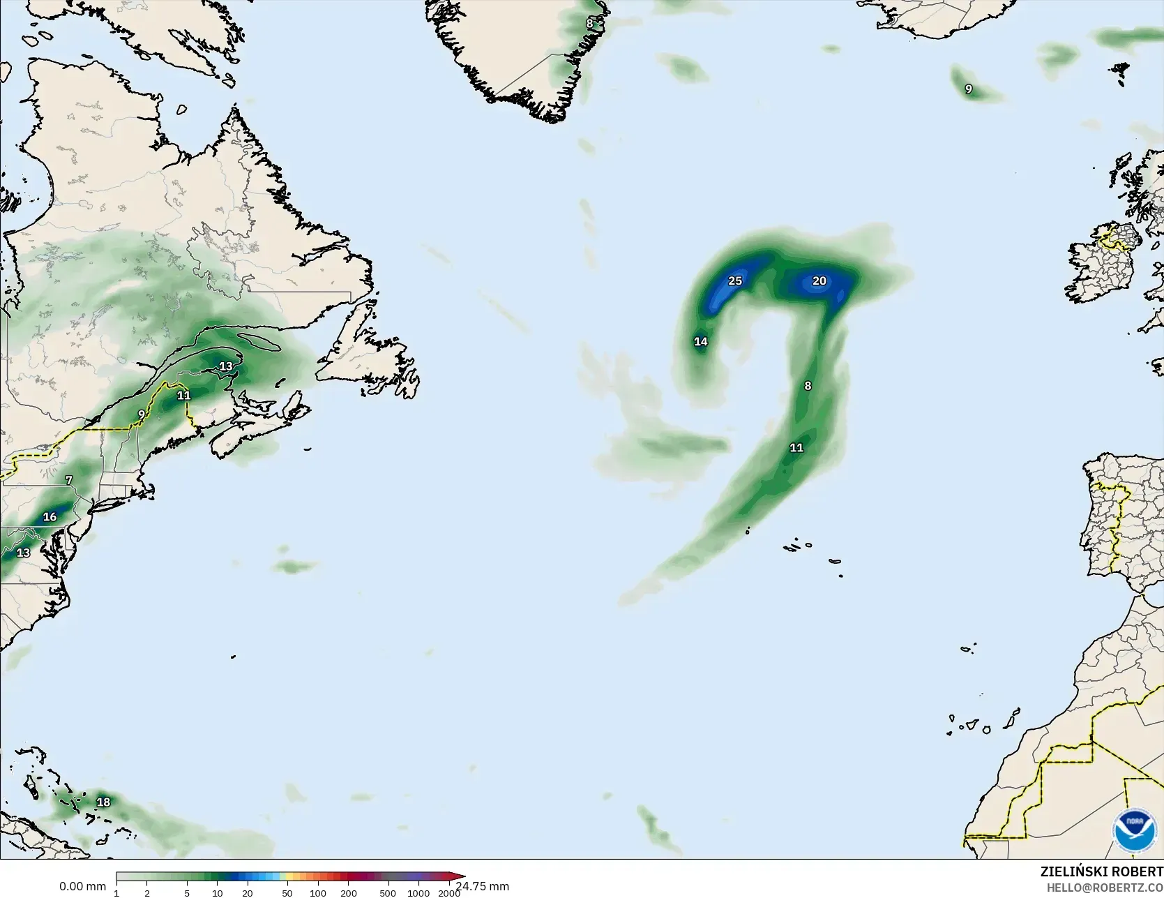GFS modelo - Norte Atlántico, Acumulación de precipitación