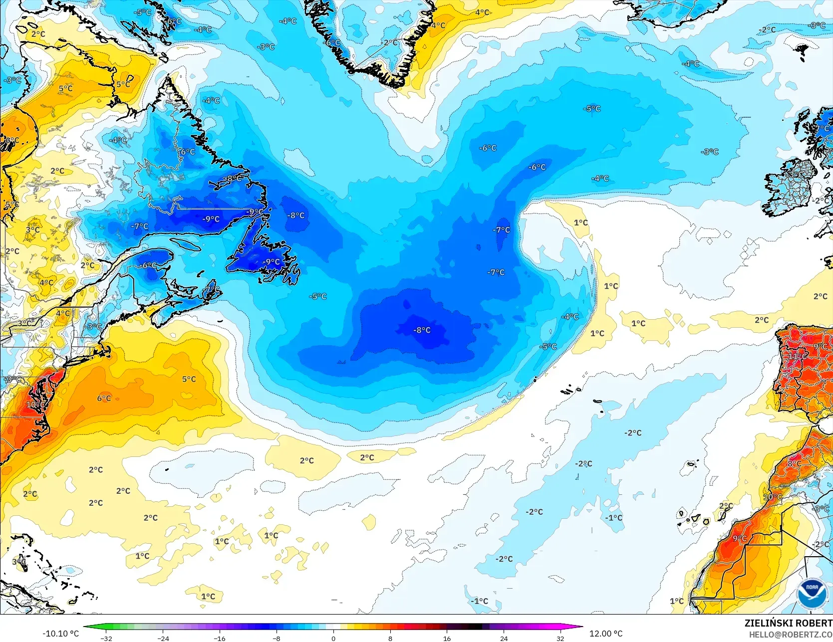 GFS modelo - Norte Atlántico, Anomalía de temperatura a 2 m