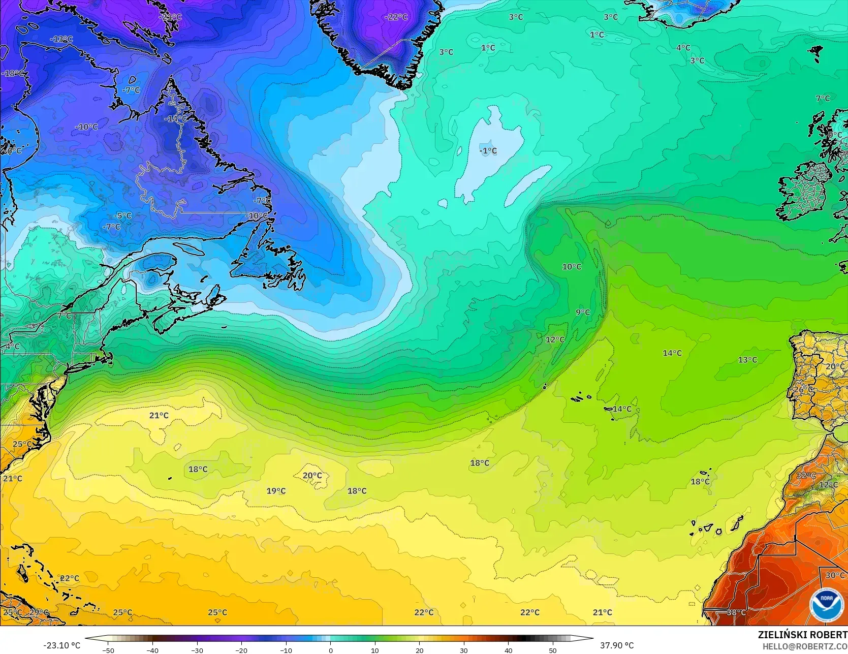GFS modelo - Norte Atlántico, Temperatura a 2 m