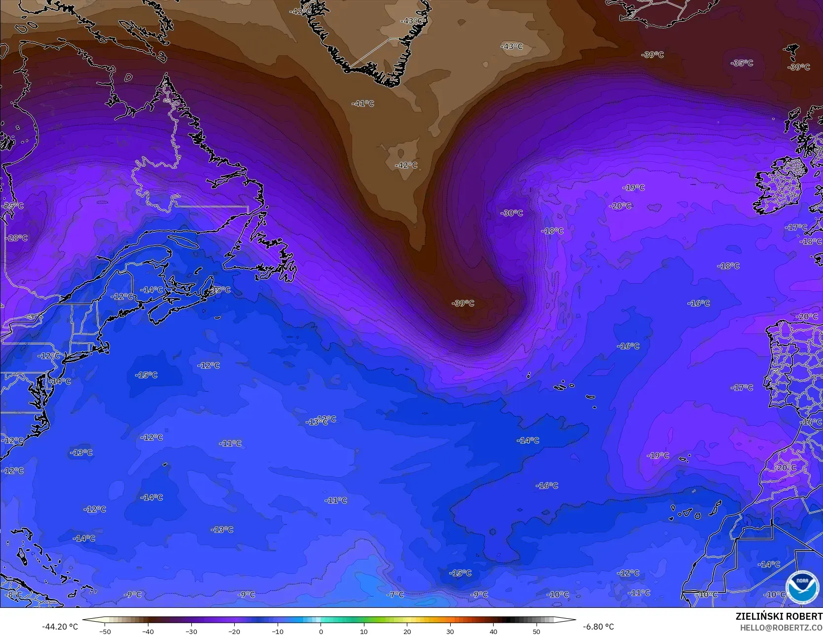 GFS modelo - Norte Atlántico, Temperatura a 500 hPa