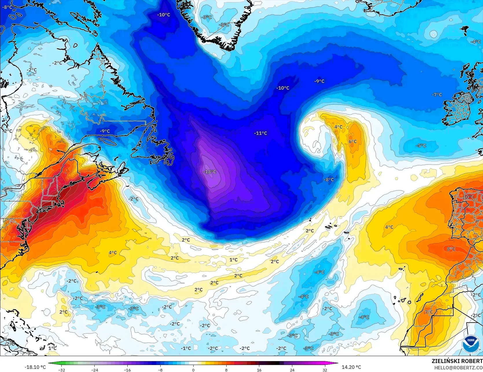 GFS modelo - Norte Atlántico, Anomalía de temperatura a 850 hPa