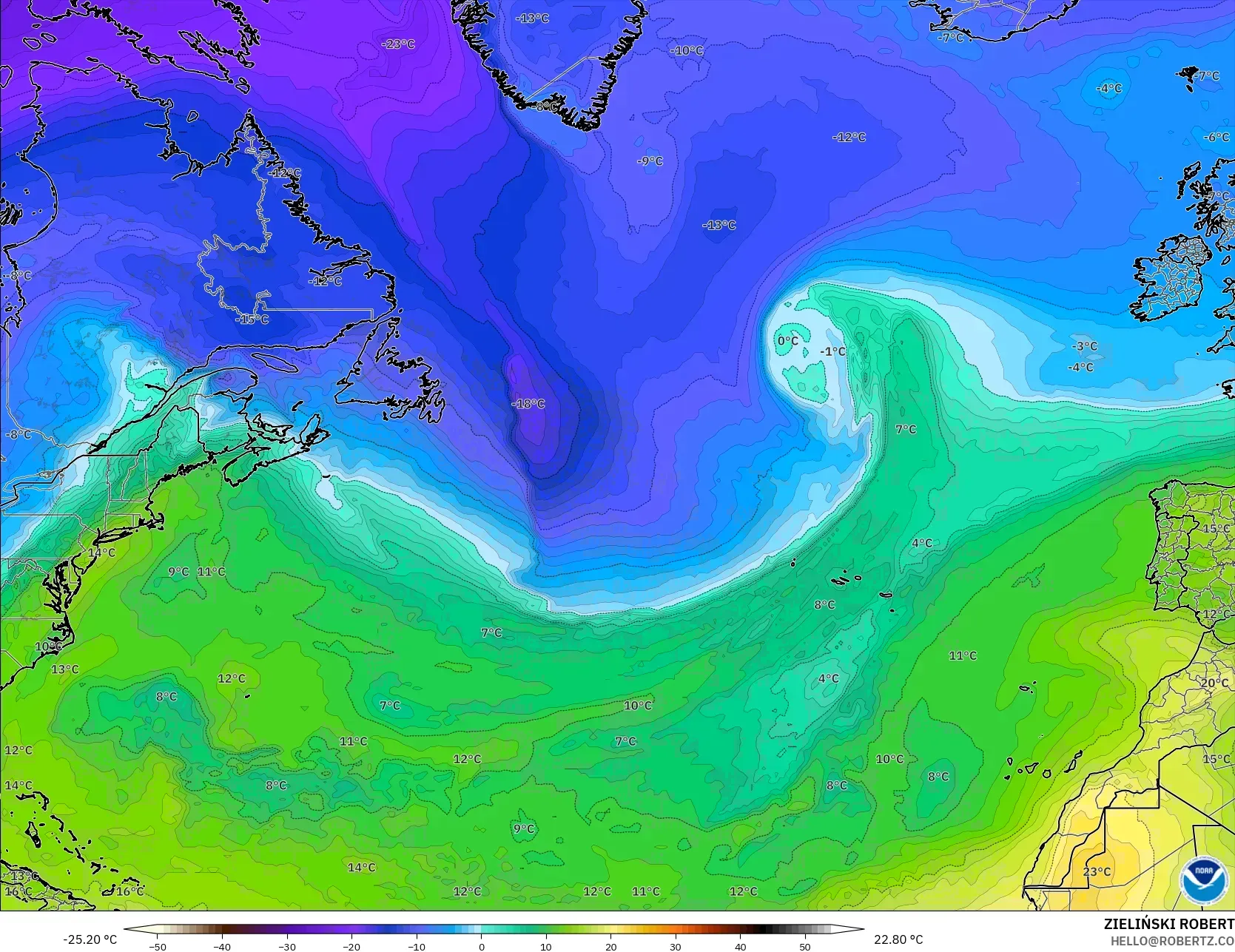 GFS modelo - Norte Atlántico, Temperatura a 850 hPa