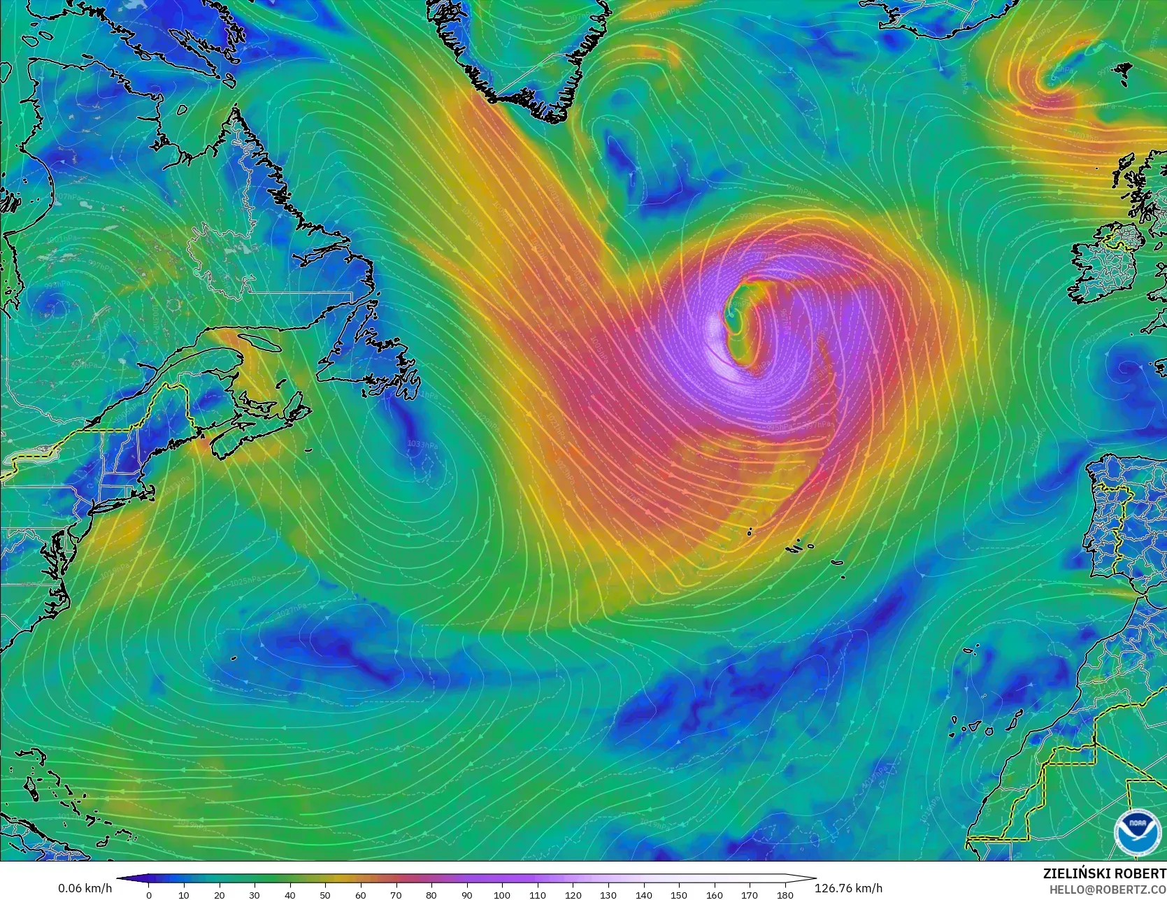 GFS modelo - Norte Atlántico, Viento a 10 m