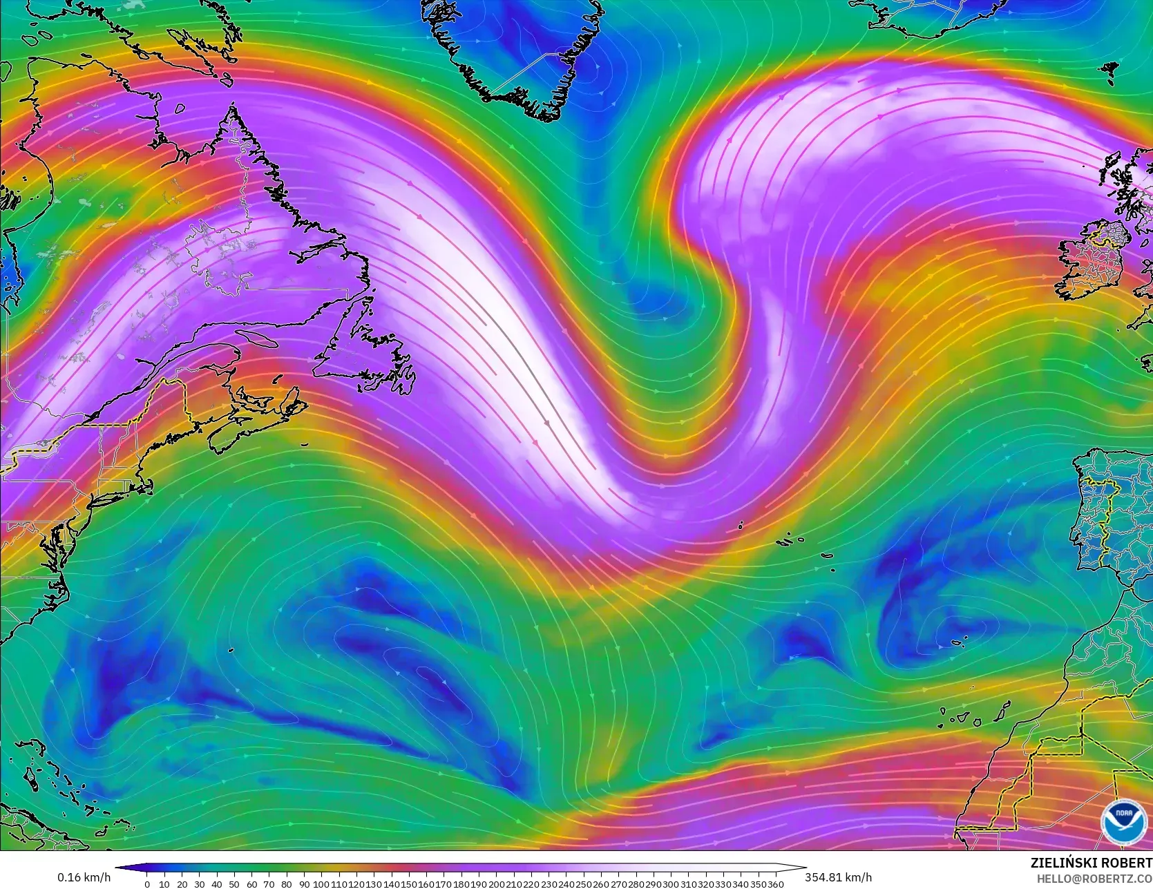 GFS modelo - Norte Atlántico, Viento a 300 hPa (corriente en chorro)