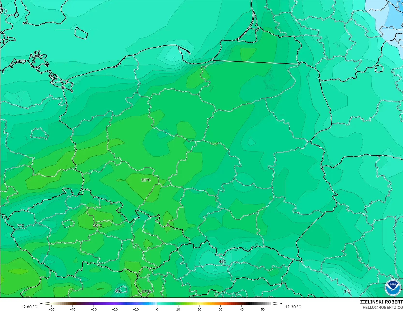 GFS modelo - Polonia, Punto de rocío a 2 m