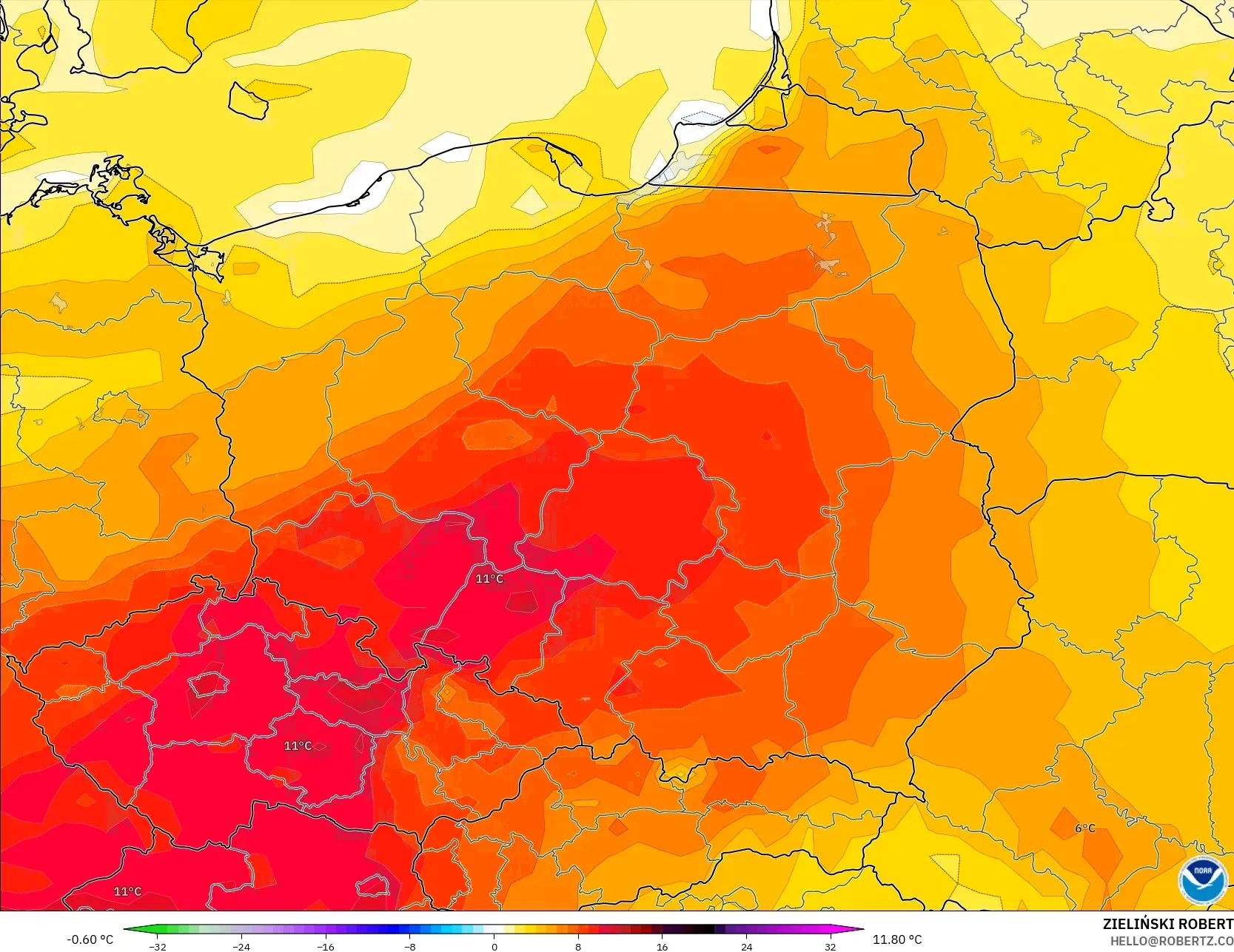 GFS modelo - Polonia, Anomalía de temperatura a 2 m