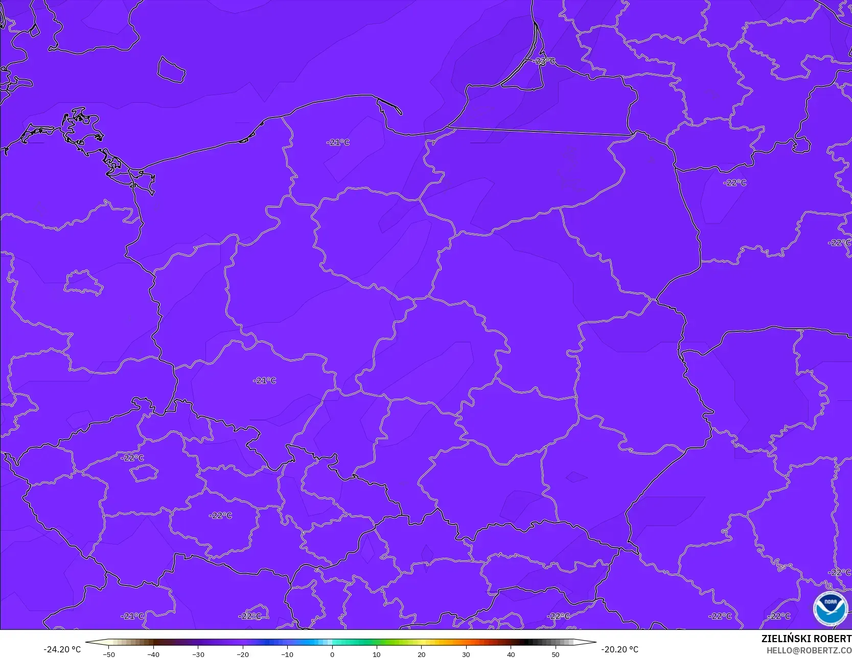 GFS modelo - Polonia, Temperatura a 500 hPa