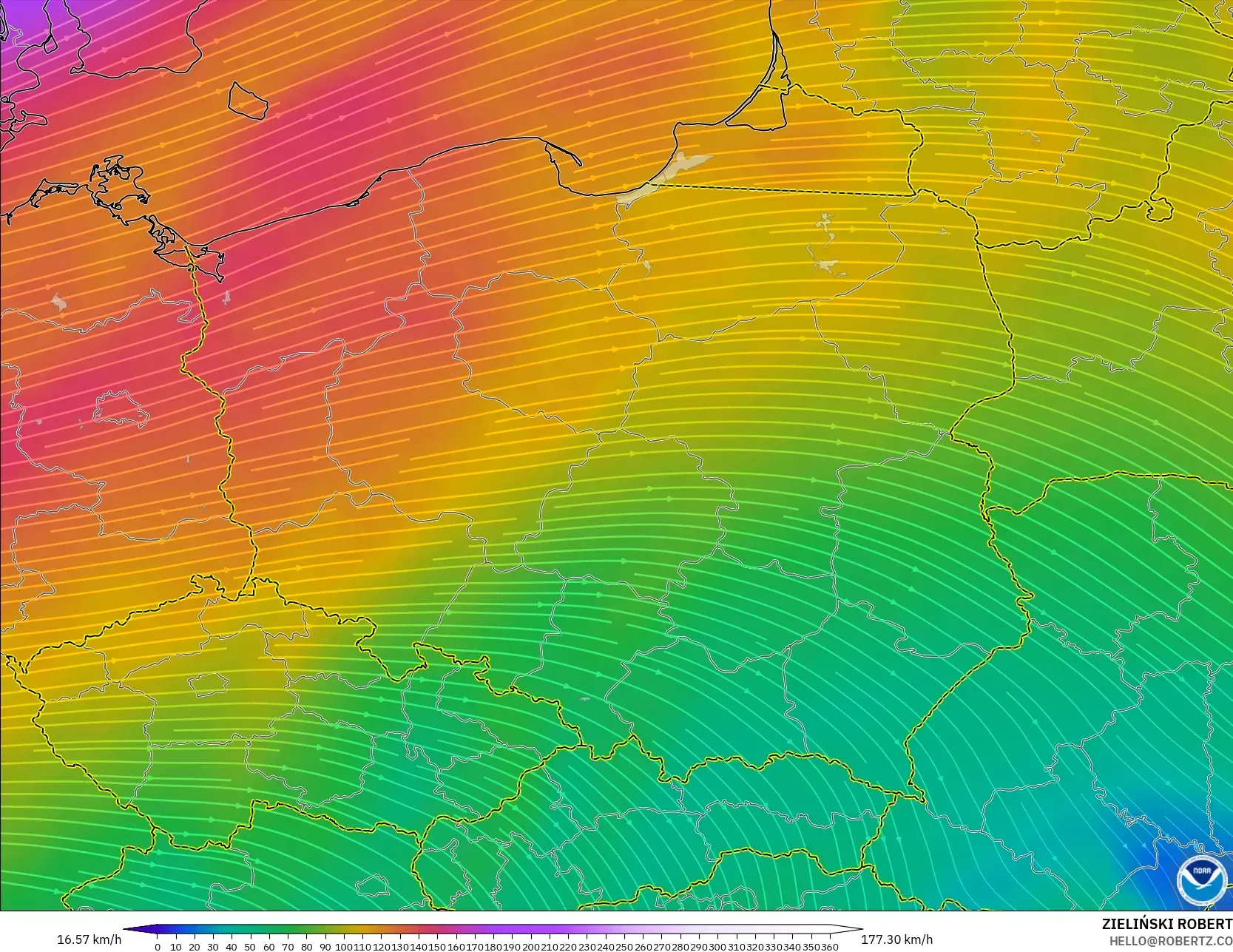 GFS modelo - Polonia, Viento a 300 hPa (corriente en chorro)