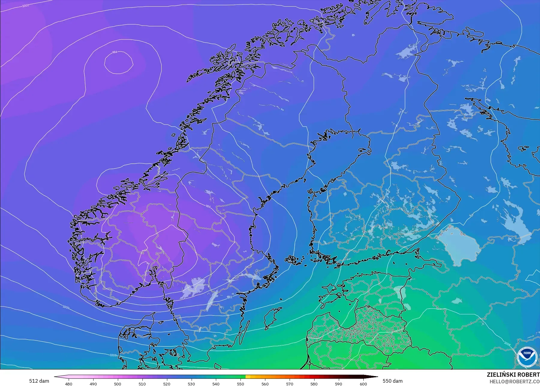 GFS modelo - Escandinavia, Altura geopotencial a 500 hPa