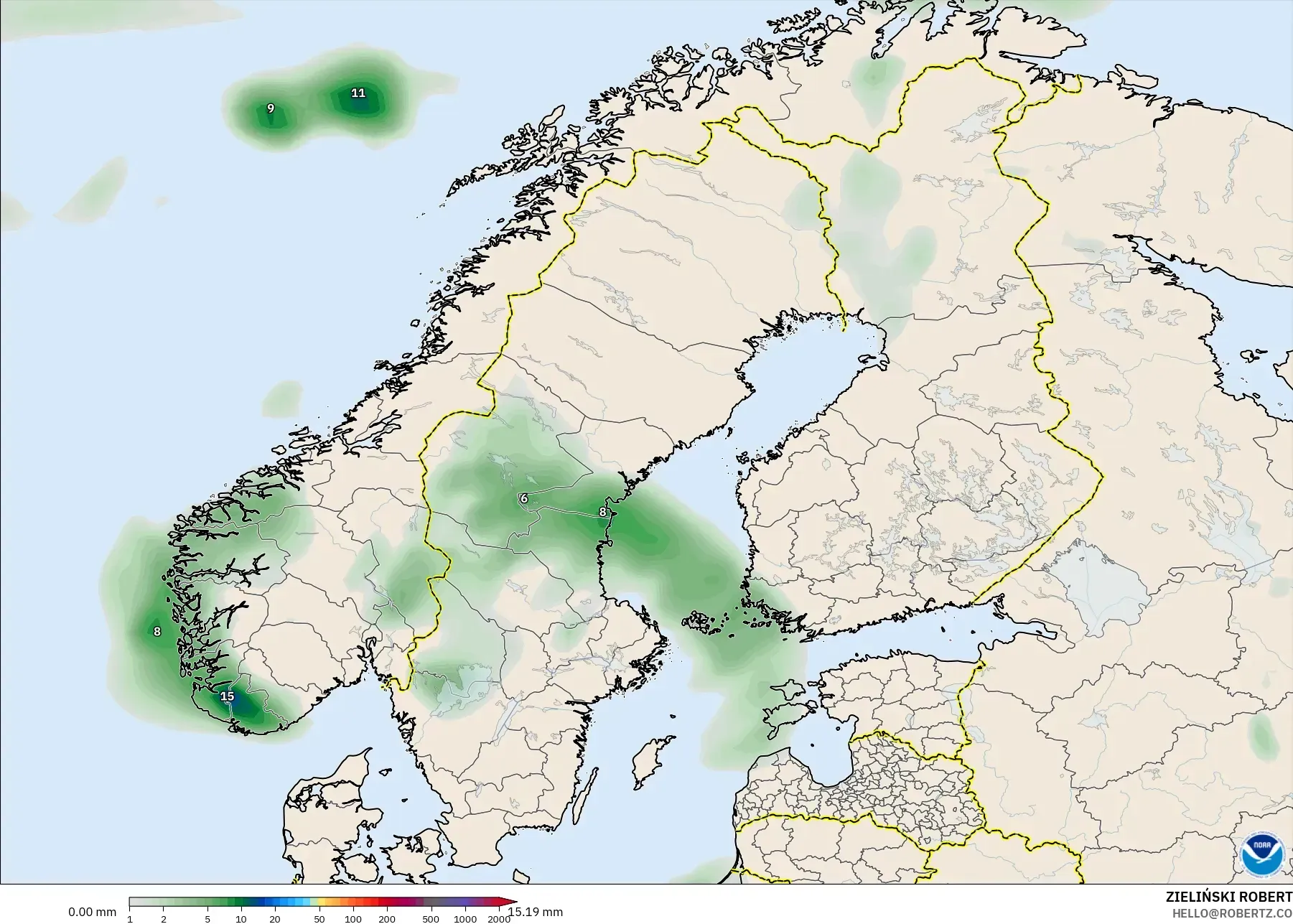 GFS modelo - Escandinavia, Acumulación de precipitación