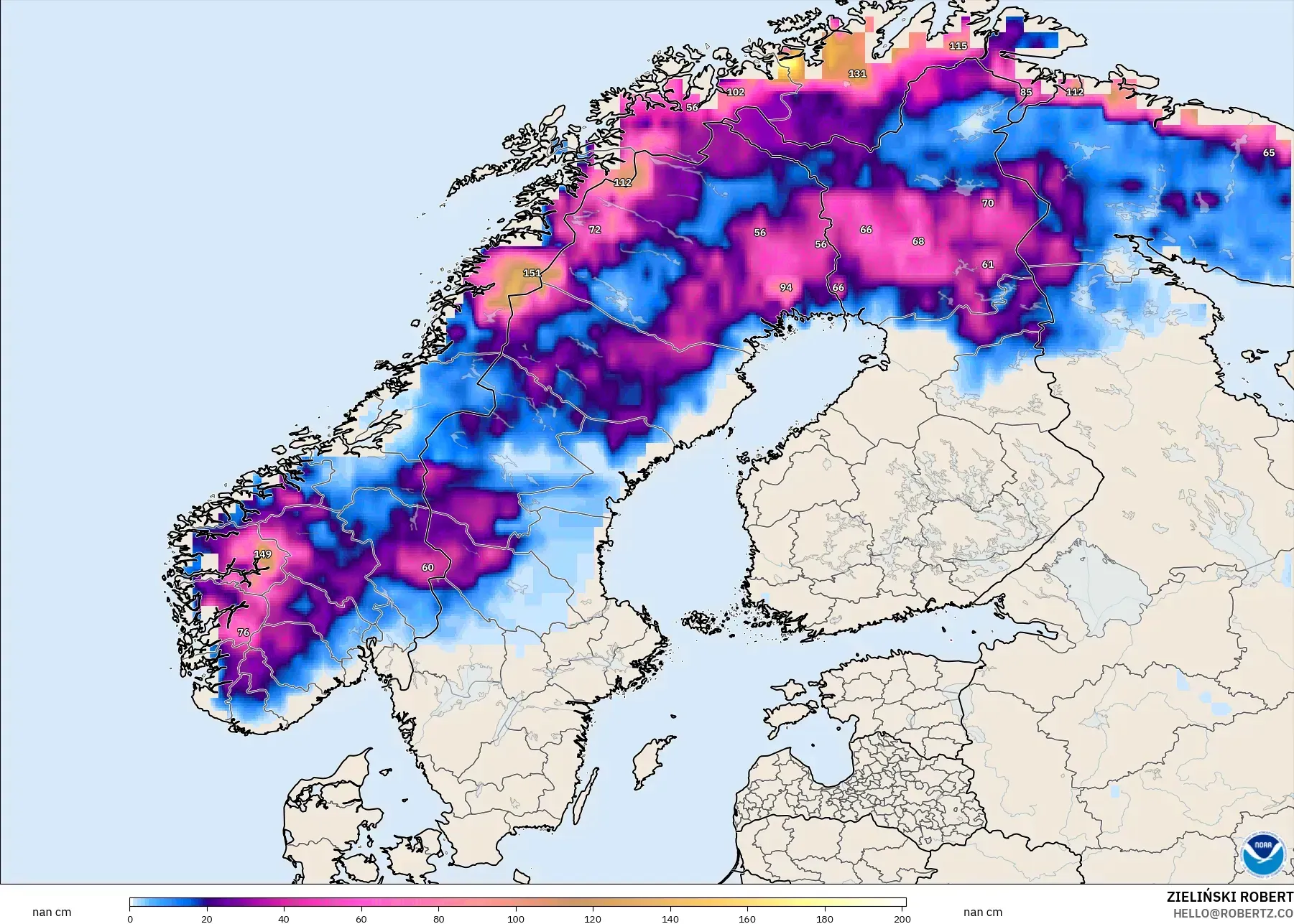GFS modelo - Escandinavia, Profundidad de nieve