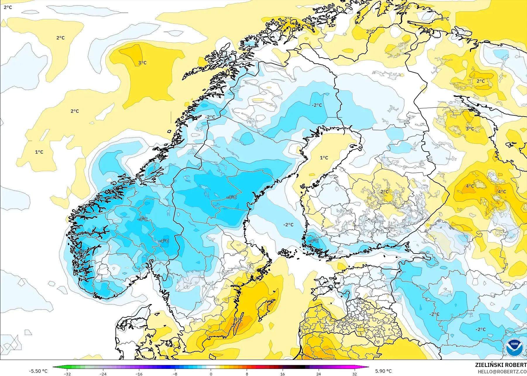 GFS modelo - Escandinavia, Anomalía de temperatura a 2 m