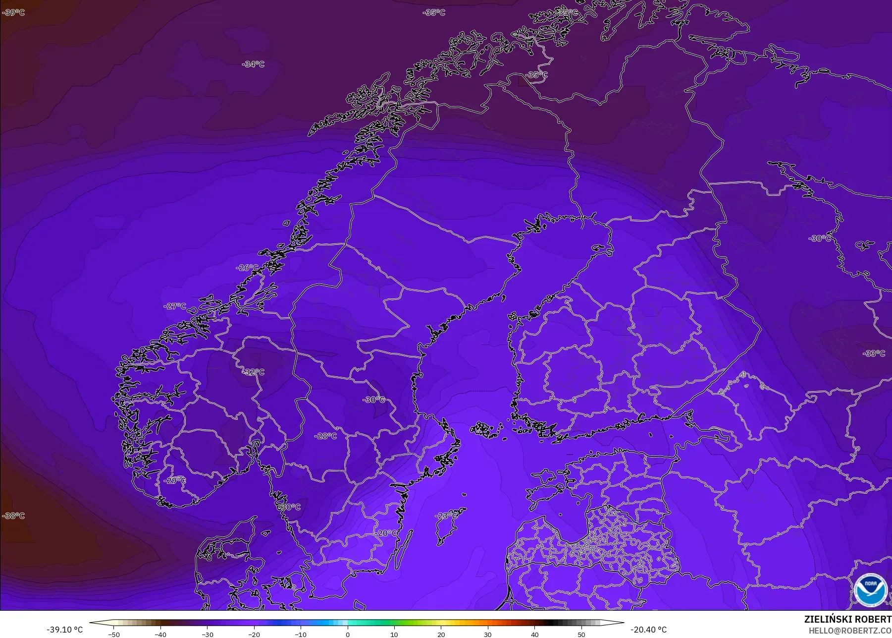 GFS modelo - Escandinavia, Temperatura a 500 hPa