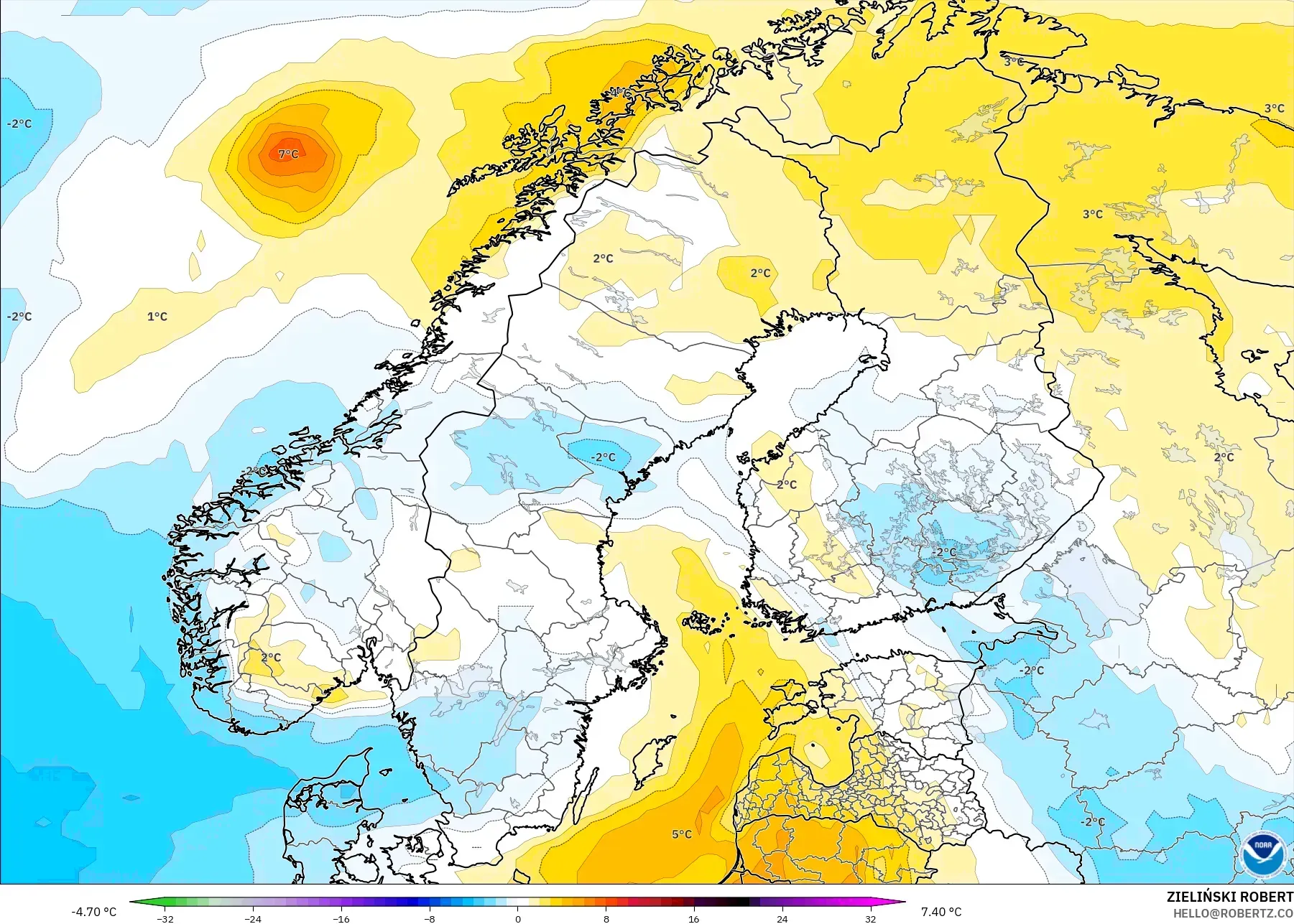 GFS modelo - Escandinavia, Anomalía de temperatura a 850 hPa
