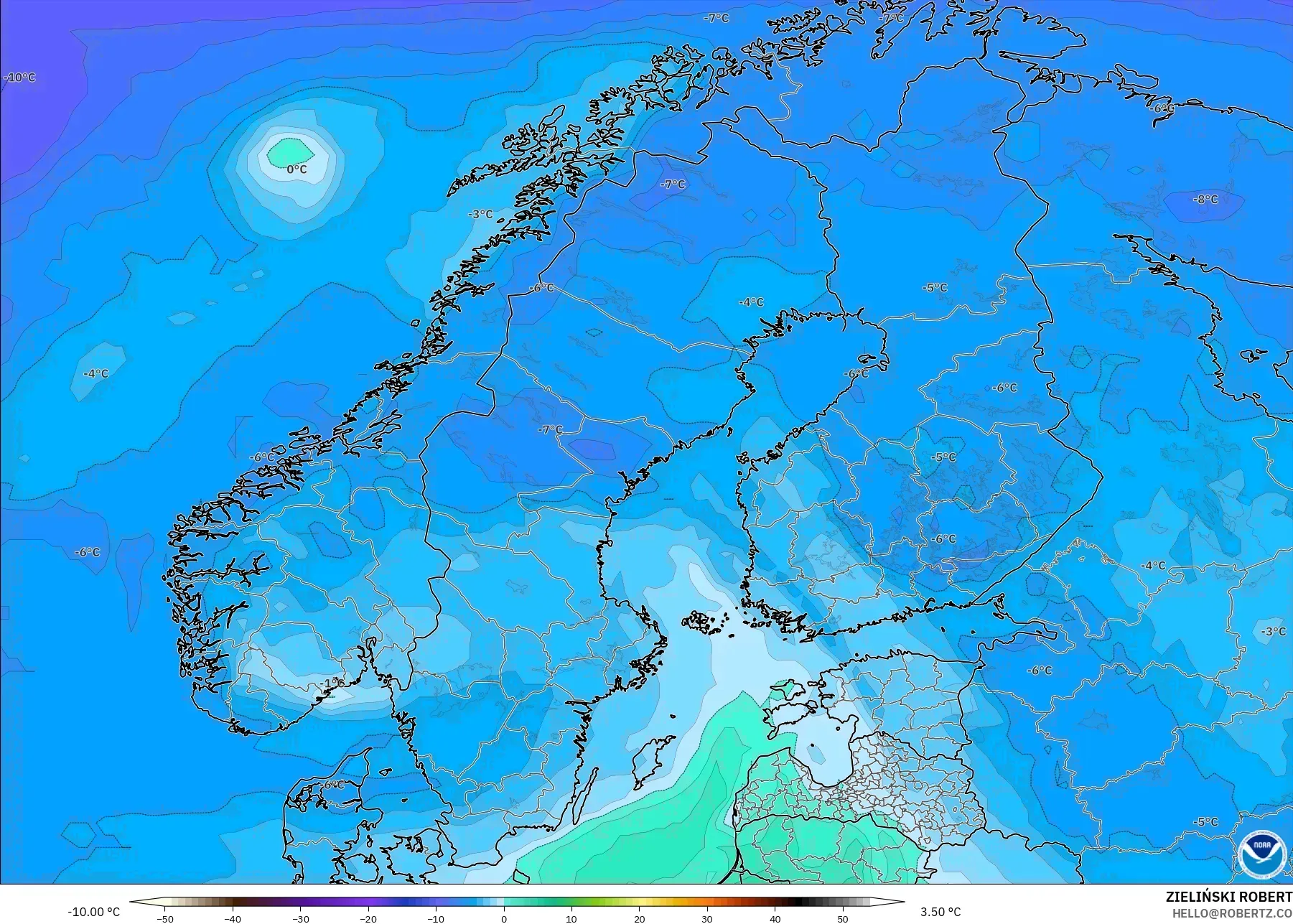 GFS modelo - Escandinavia, Temperatura a 850 hPa