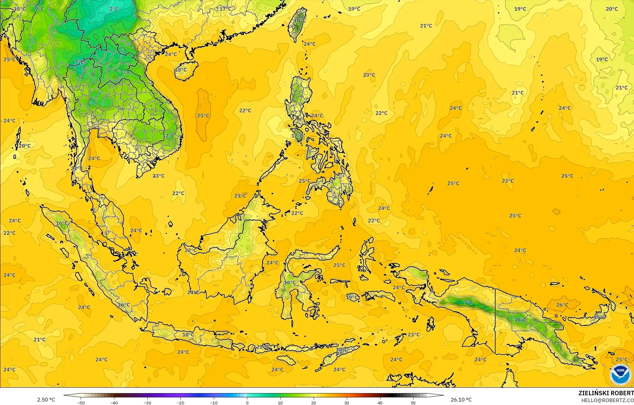 GFS modelo - Sudeste Asiático, Punto de rocío a 2 m