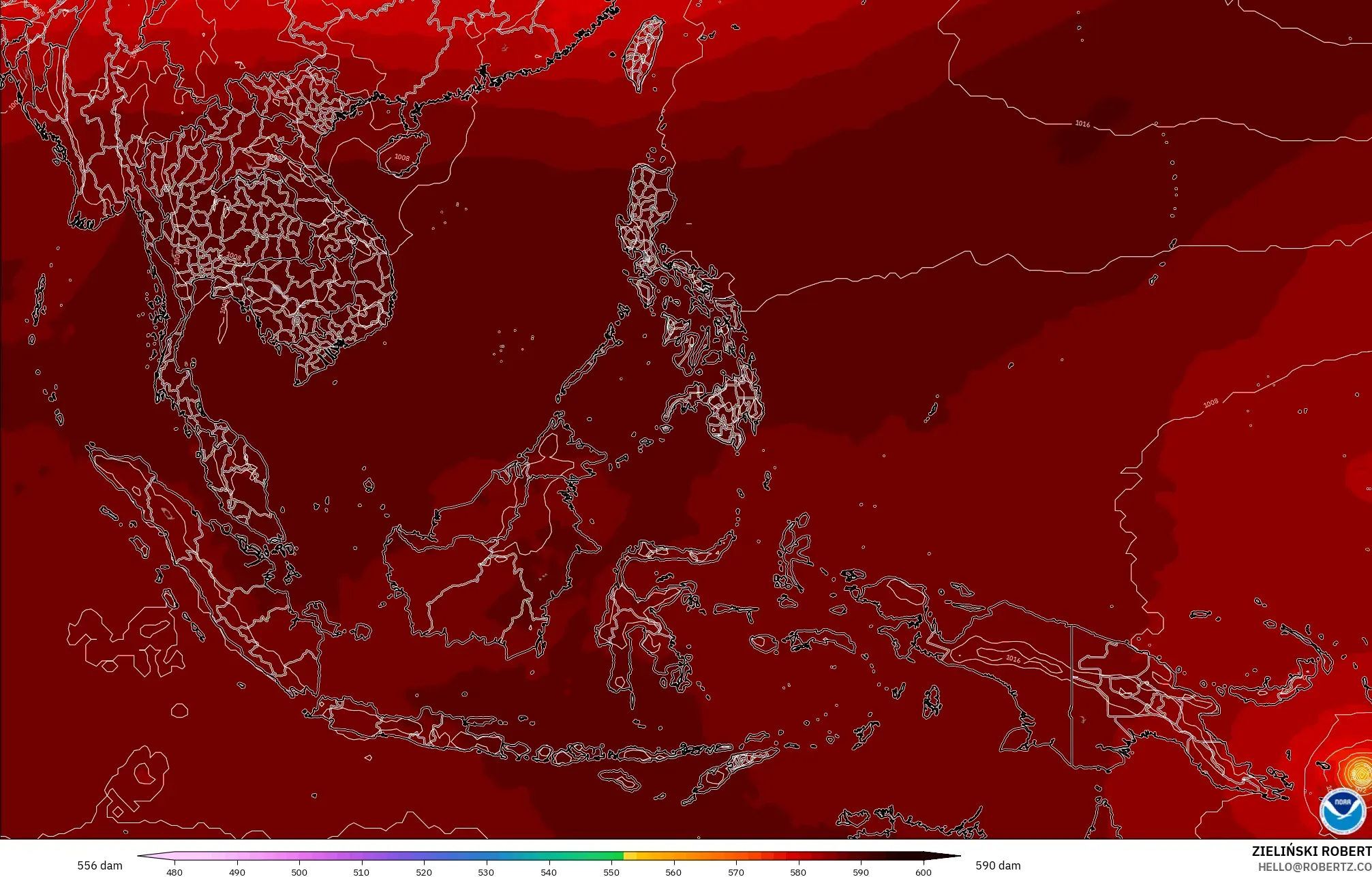 GFS modelo - Sudeste Asiático, Altura geopotencial a 500 hPa