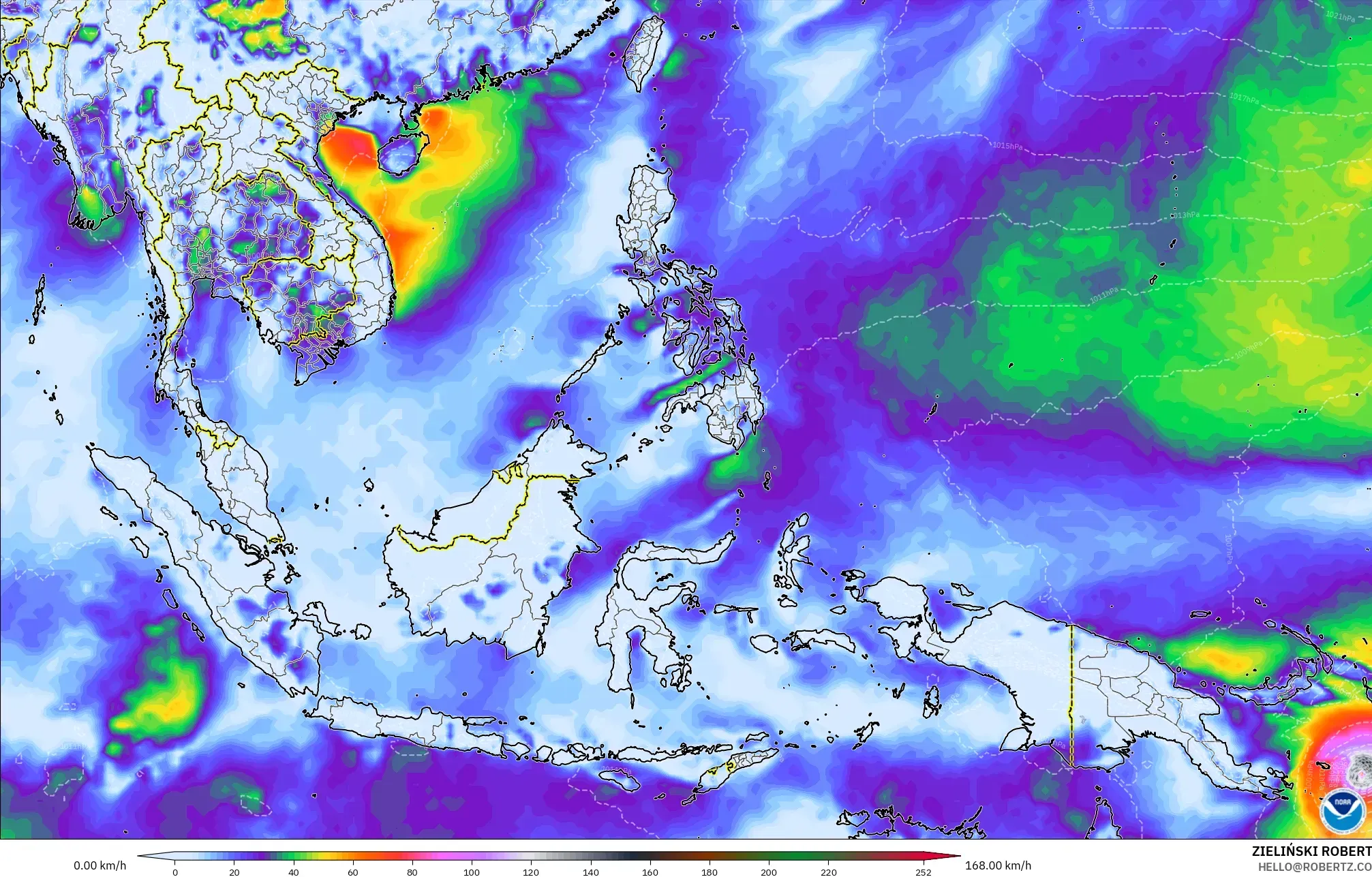 GFS modelo - Sudeste Asiático, Ráfagas de Viento Máximas