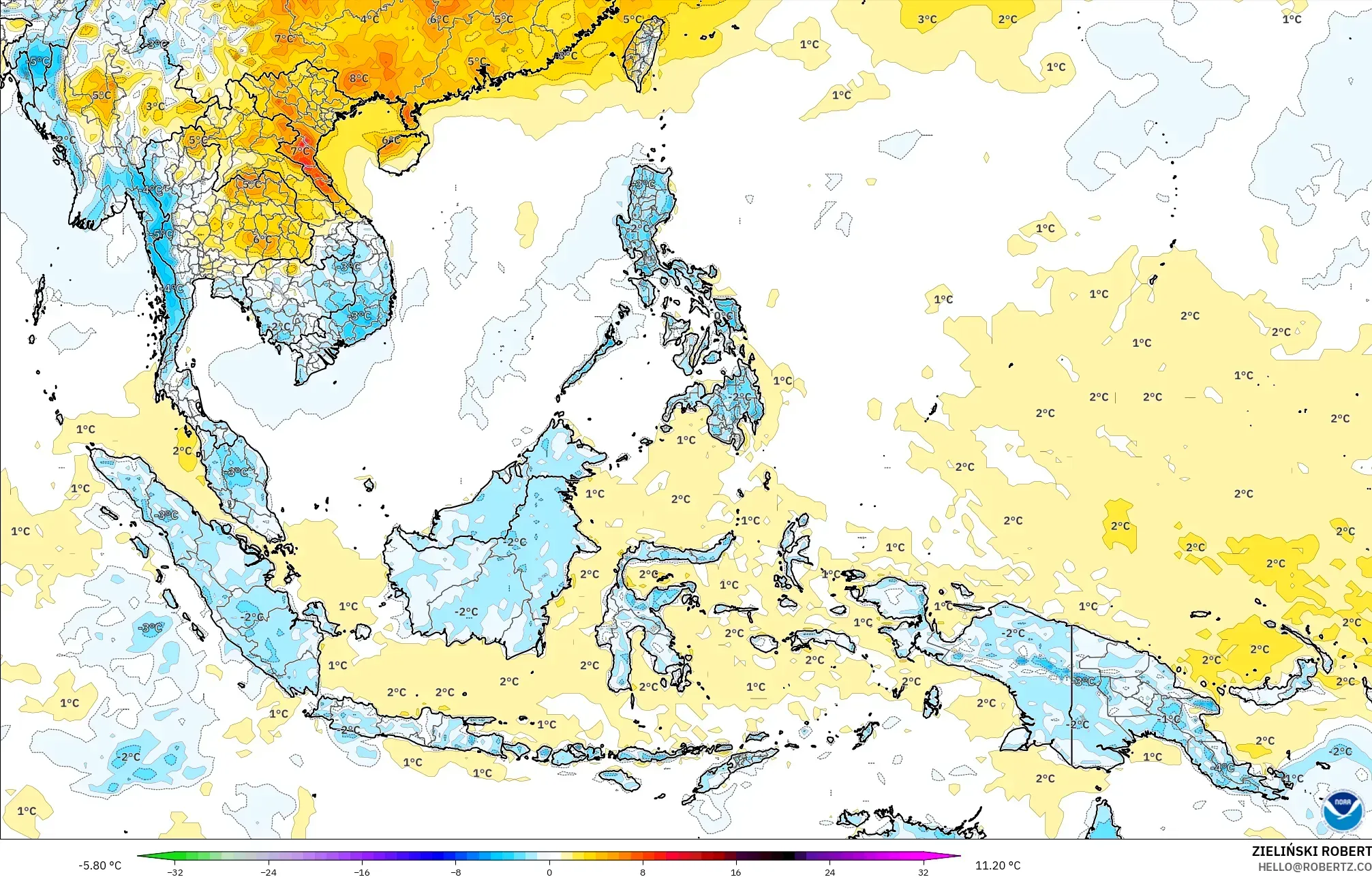GFS modelo - Sudeste Asiático, Anomalía de temperatura a 2 m