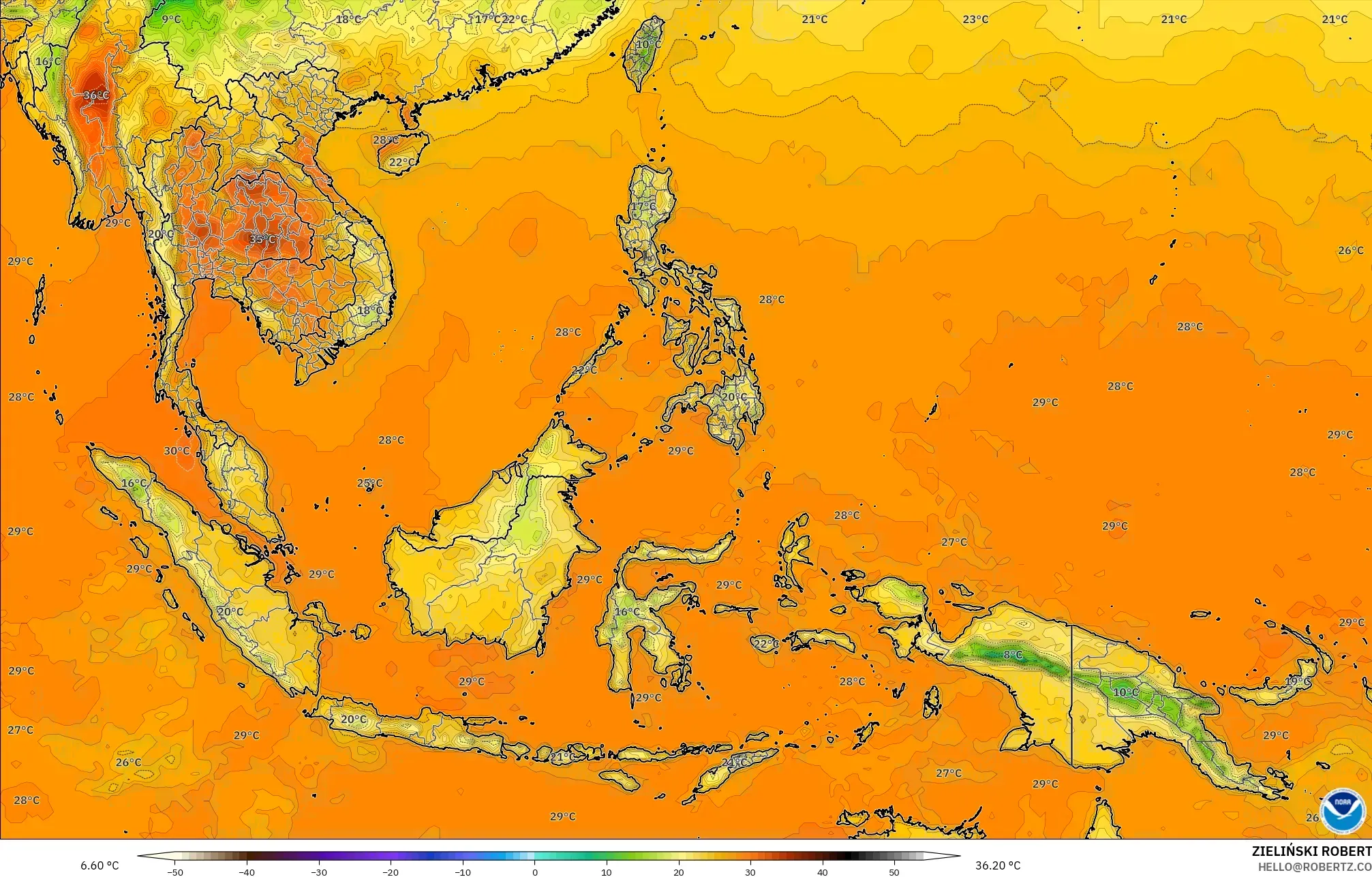 GFS modelo - Sudeste Asiático, Temperatura a 2 m