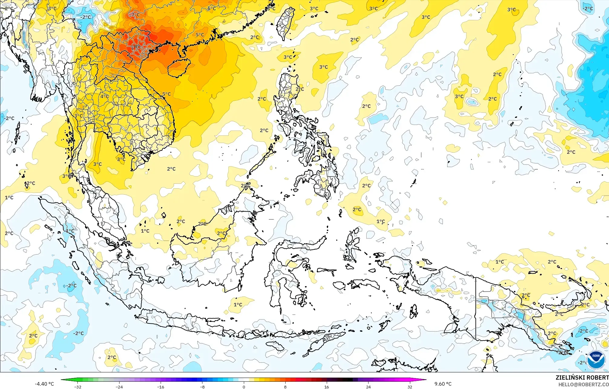 GFS modelo - Sudeste Asiático, Anomalía de temperatura a 850 hPa