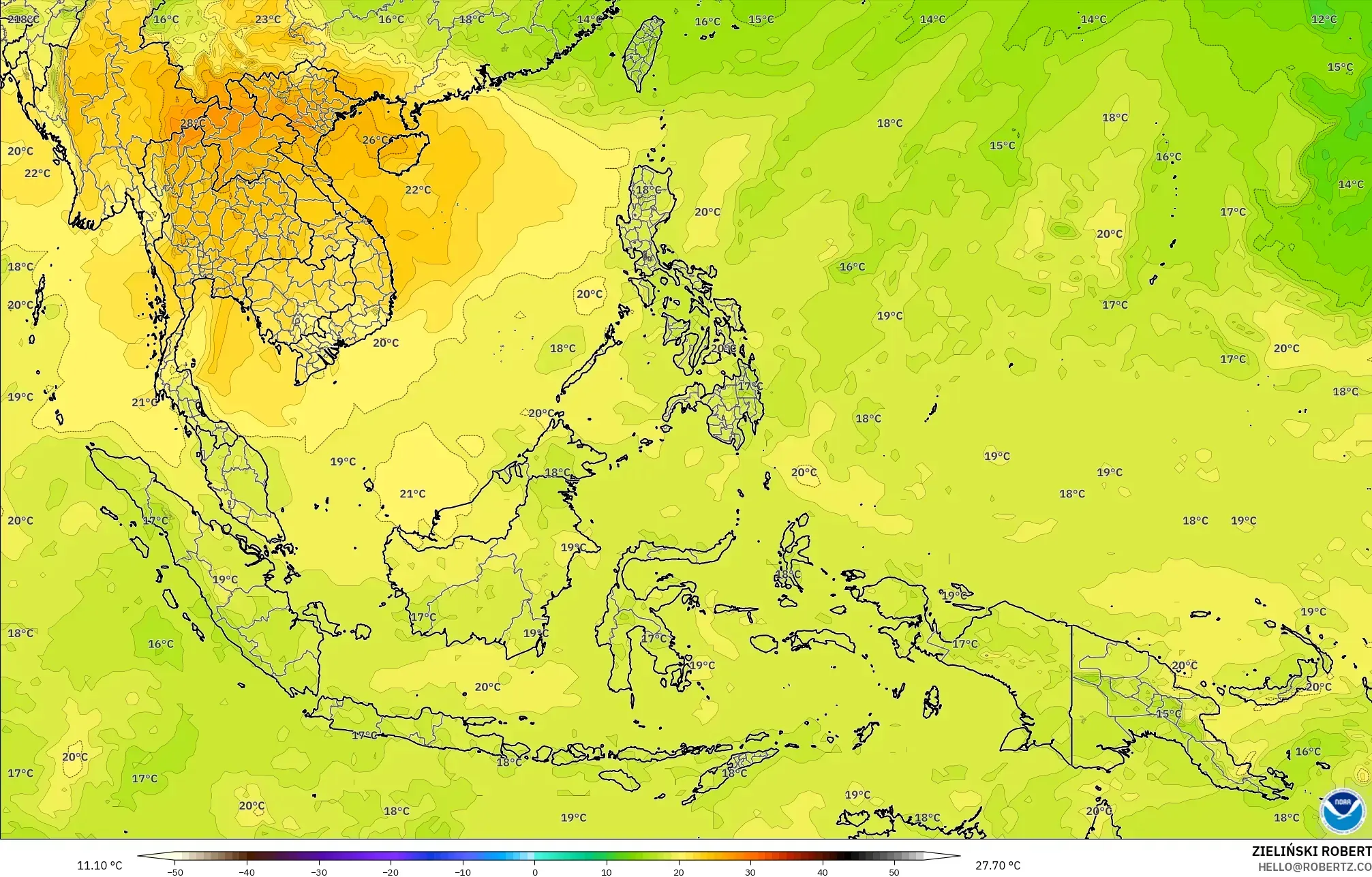 GFS modelo - Sudeste Asiático, Temperatura a 850 hPa