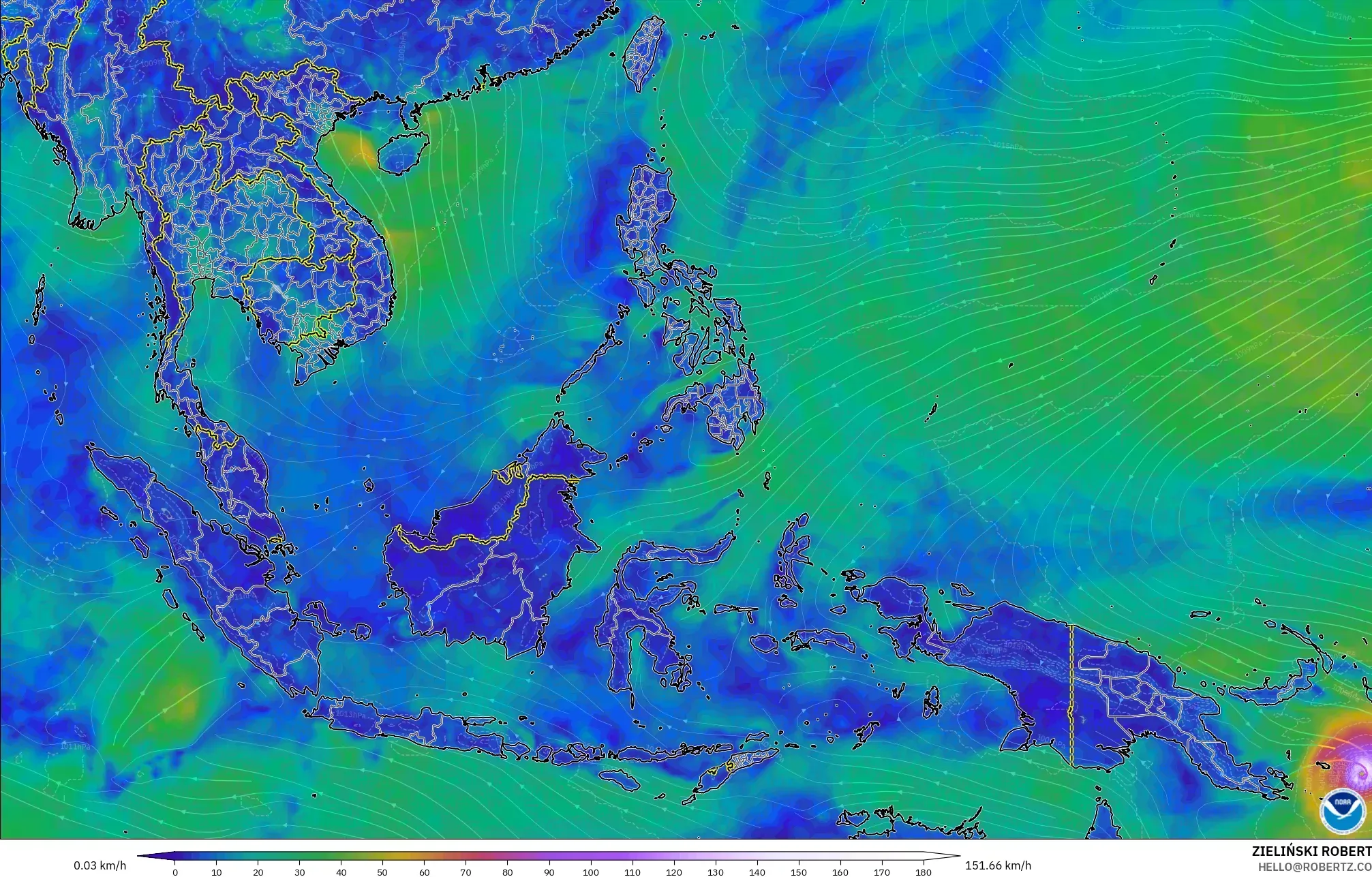 GFS modelo - Sudeste Asiático, Viento a 10 m
