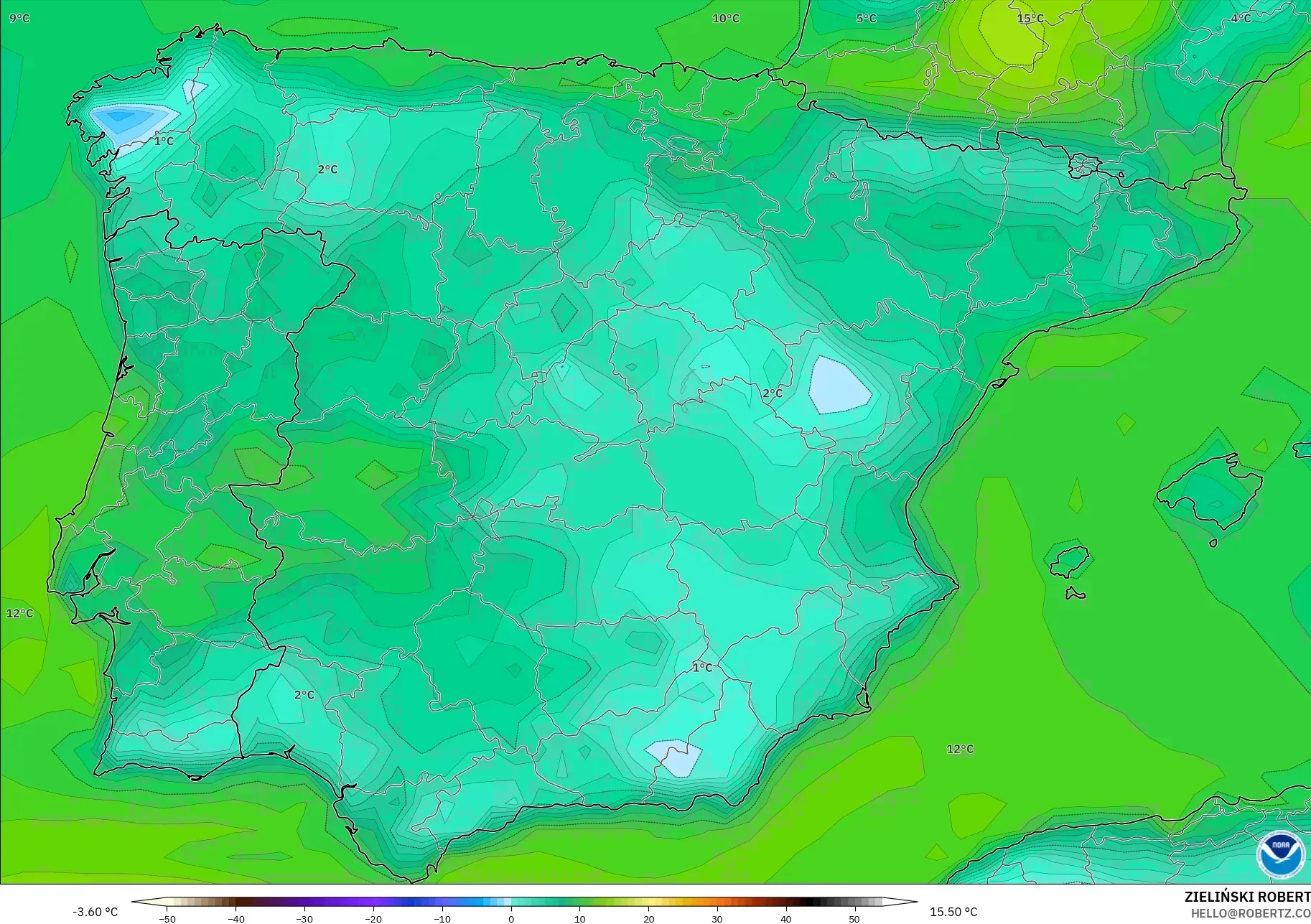 GFS modelo - España, Punto de rocío a 2 m