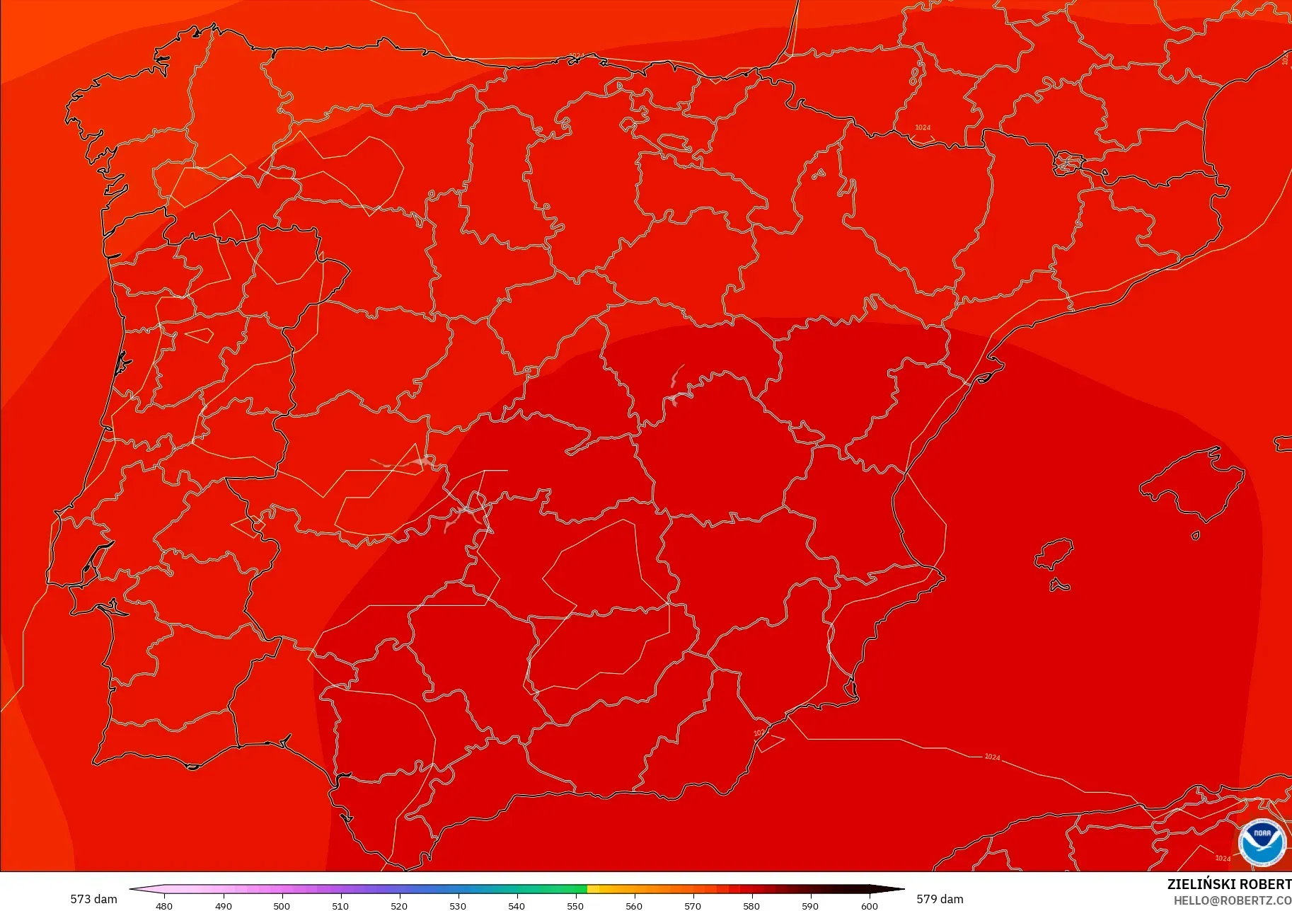 GFS modelo - España, Altura geopotencial a 500 hPa